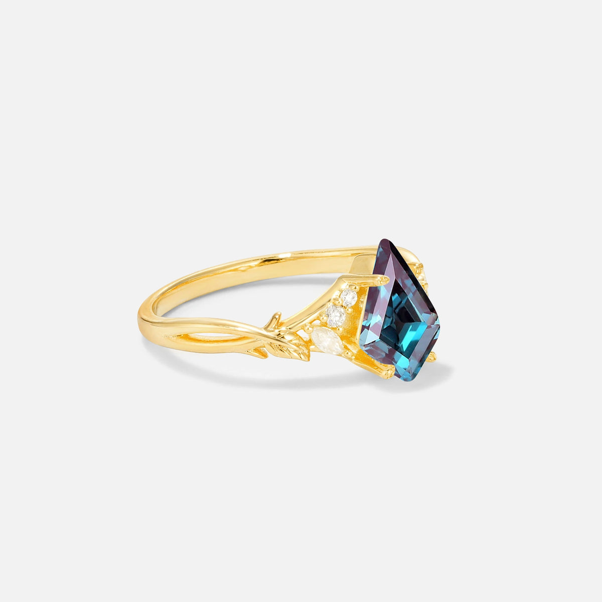 Kite Cut Alexandrite Engagement Ring with Marquise Side Stones and Vine Detail - Additional view