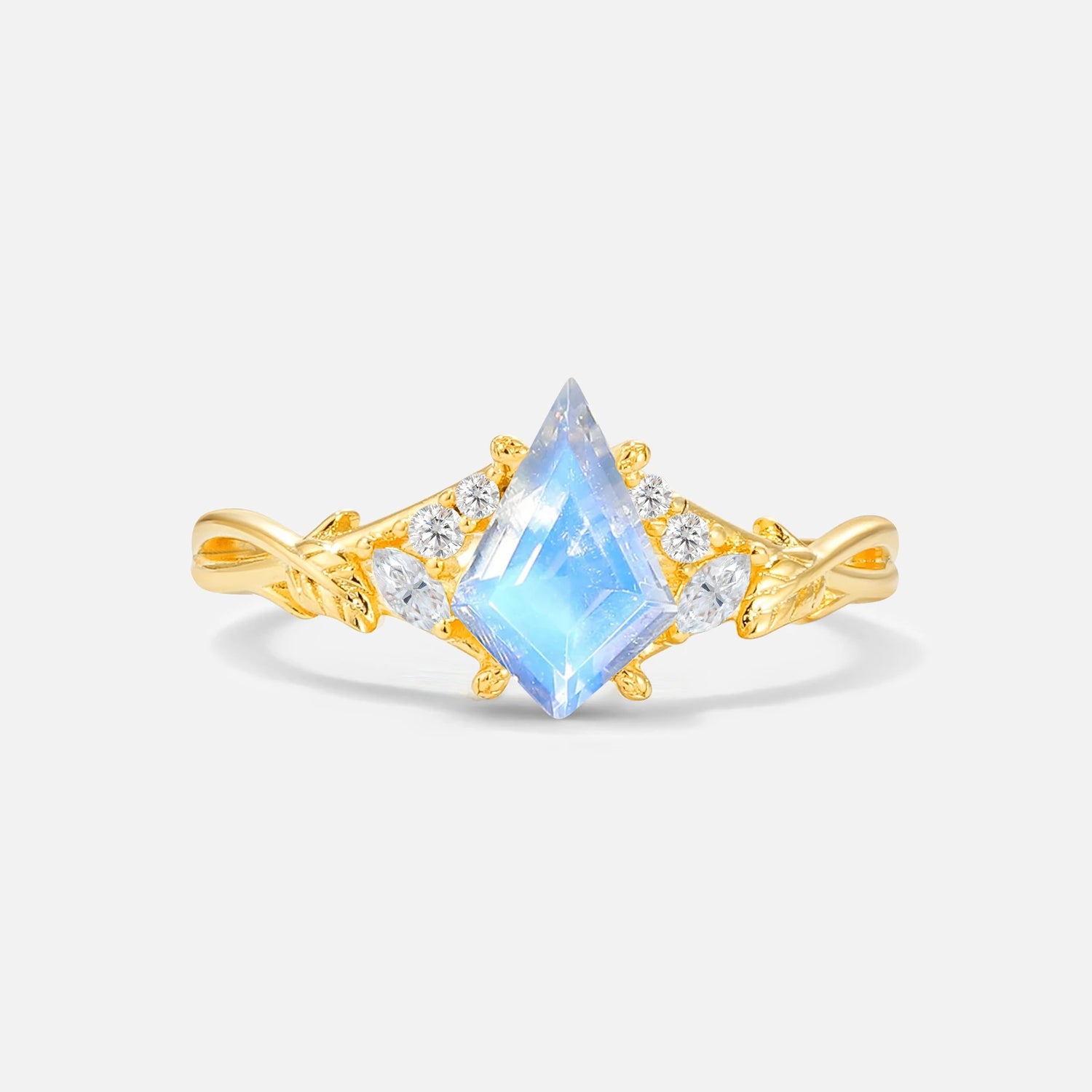 Kite Cut Moonstone Engagement Ring with Marquise Side Stones and Vine Detail - Additional view