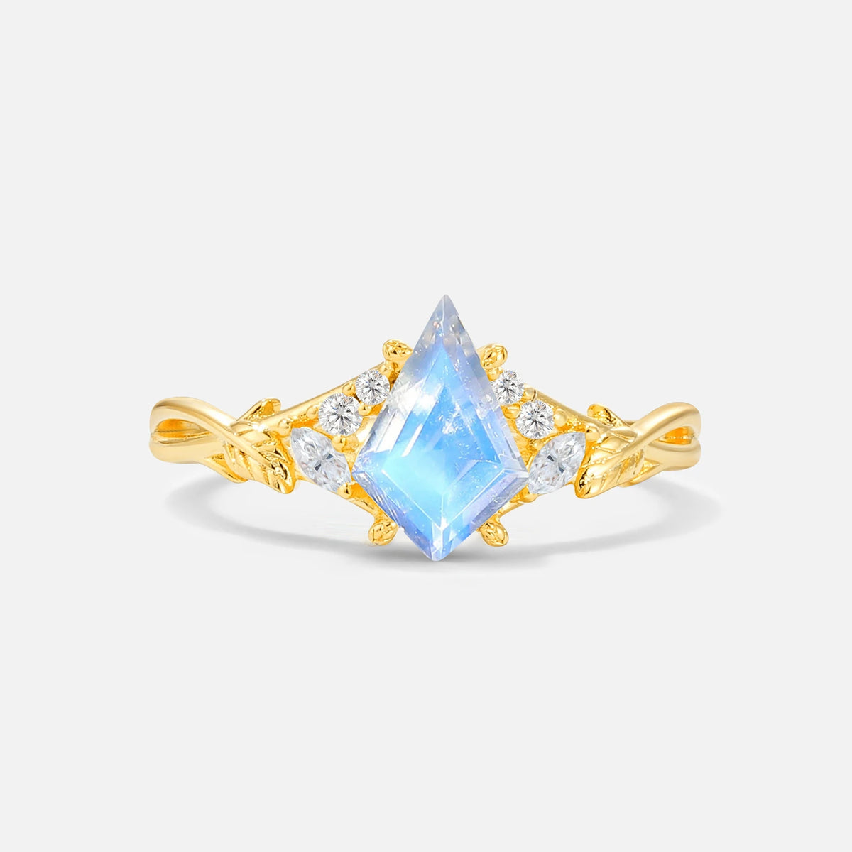 Kite Cut Moonstone Engagement Ring with Marquise Side Stones and Vine Detail - Additional view