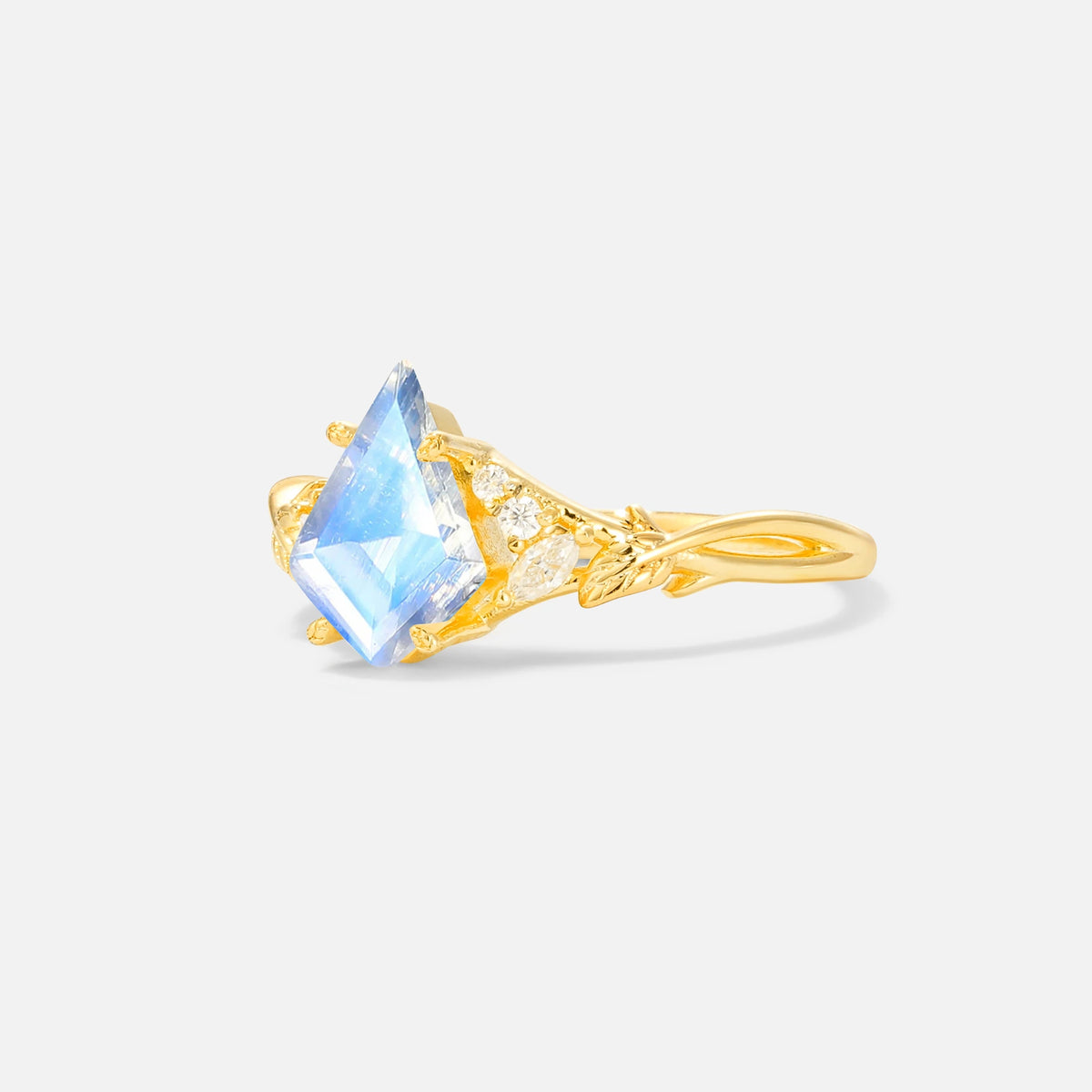 Kite Cut Moonstone Engagement Ring with Marquise Side Stones and Vine Detail - Additional view