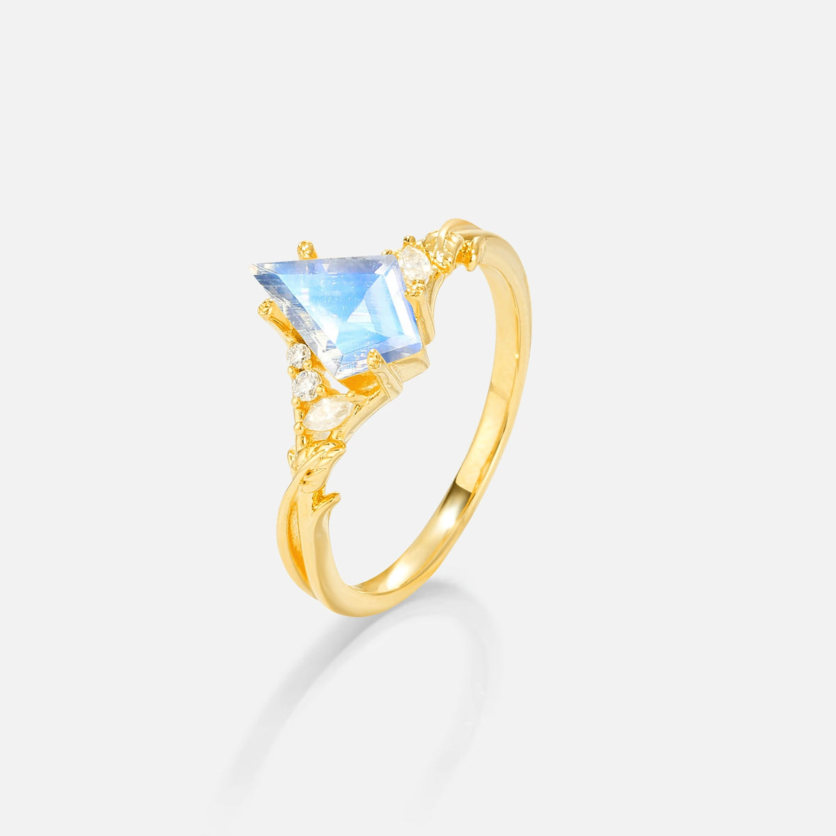 Kite Cut Moonstone Engagement Ring with Marquise Side Stones and Vine Detail - Additional view
