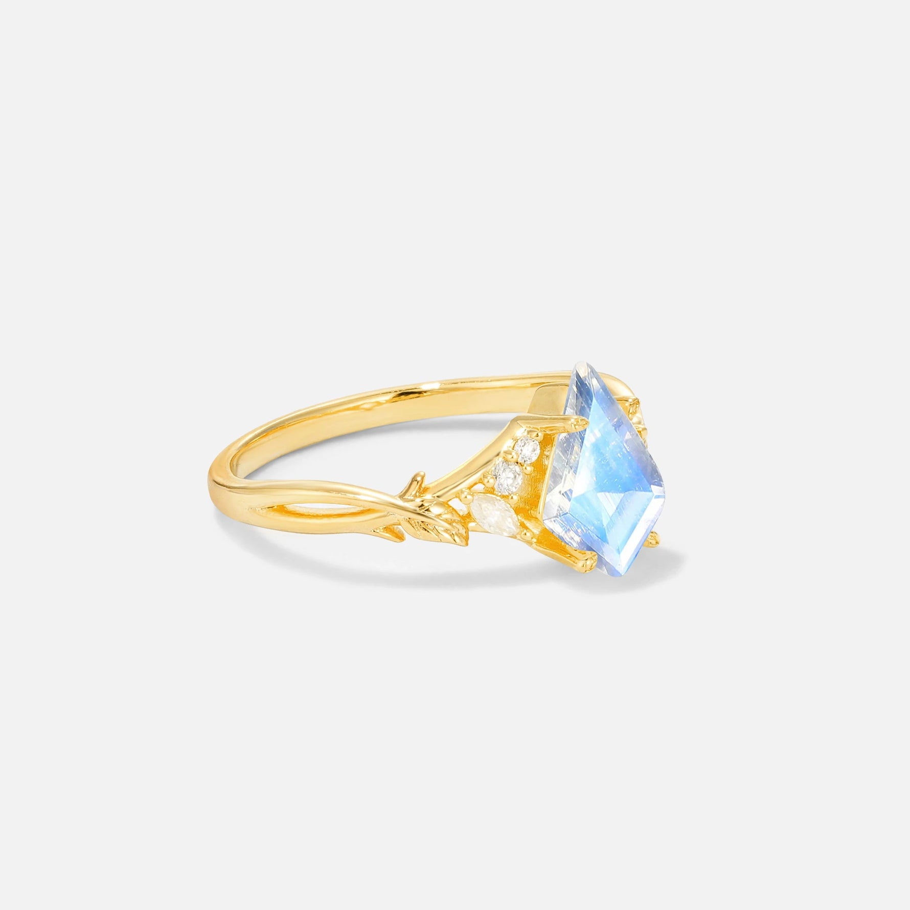 Kite Cut Moonstone Engagement Ring with Marquise Side Stones and Vine Detail - Additional view