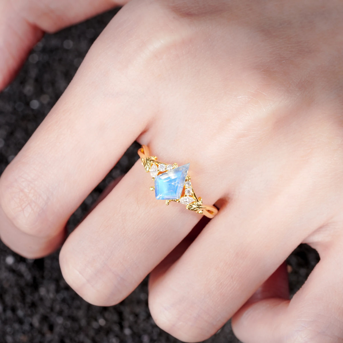 Kite Cut Moonstone Engagement Ring with Marquise Side Stones and Vine Detail - Additional view