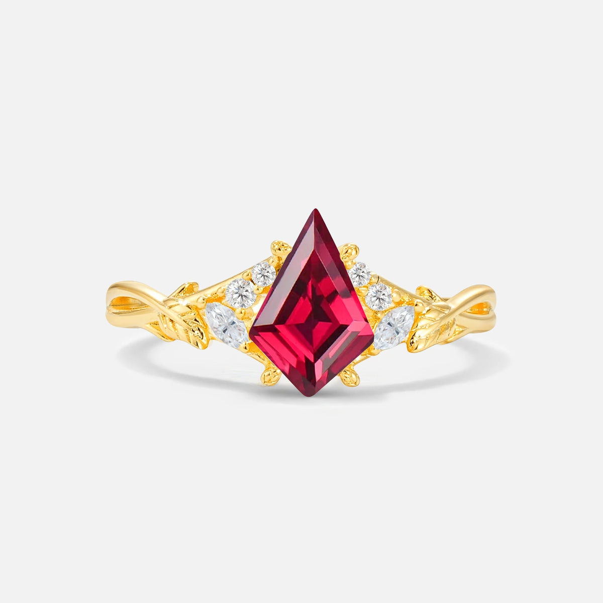 Kite Cut Ruby Engagement Ring with Marquise Side Stones and Vine Detail - Additional view