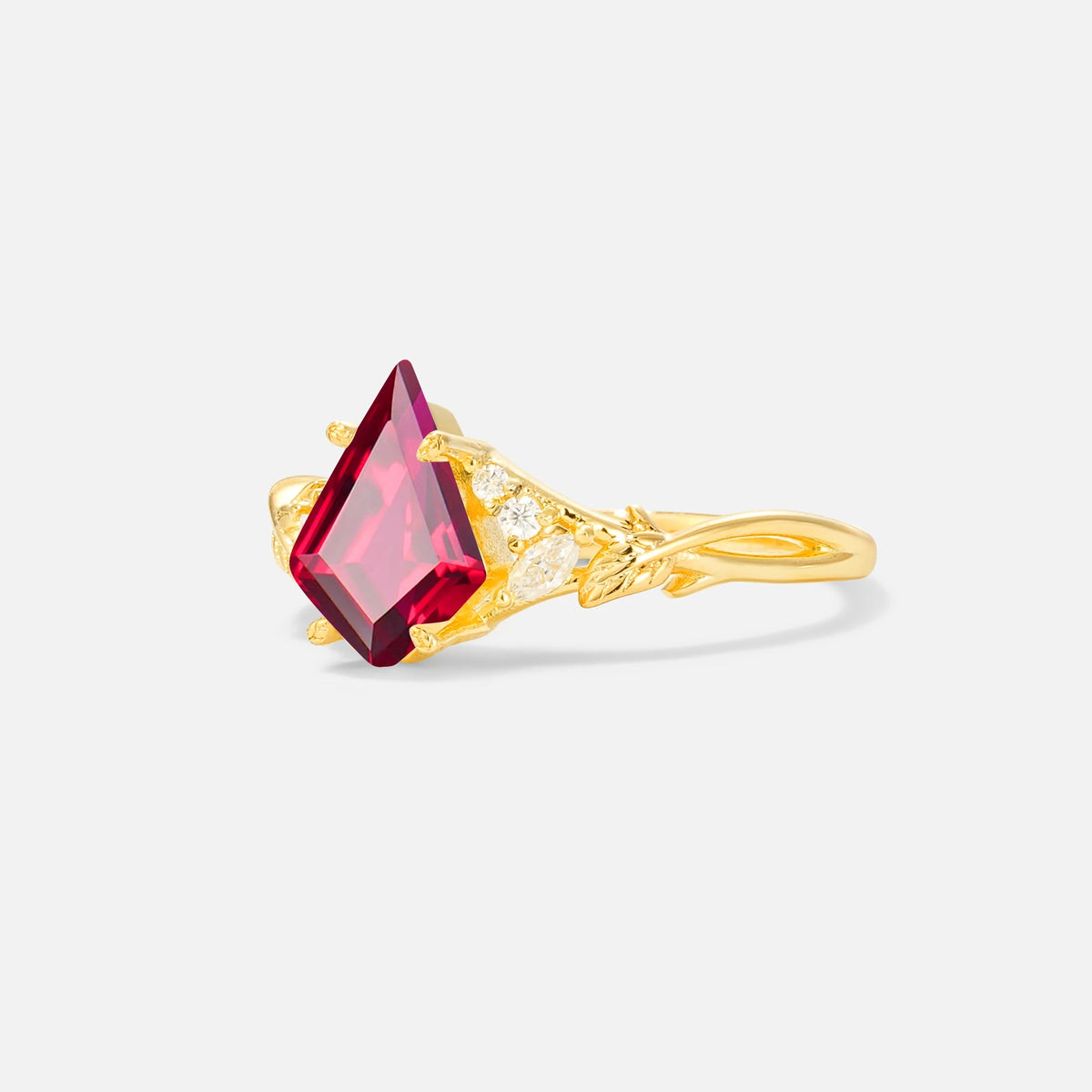 Kite Cut Ruby Engagement Ring with Marquise Side Stones and Vine Detail - Additional view
