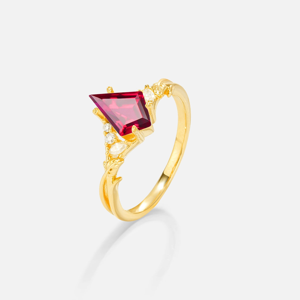 Kite Cut Ruby Engagement Ring with Marquise Side Stones and Vine Detail - Additional view