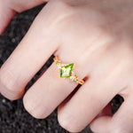 Kite Cut Peridot Engagement Ring with Marquise Side Stones and Vine Detail - Additional view