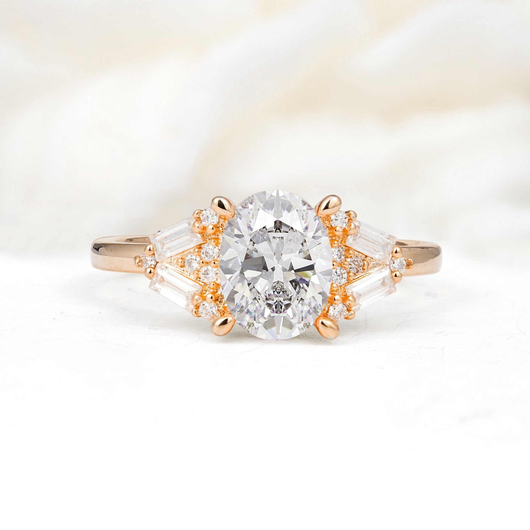 Classic Oval Cut Baguette Side Cluster Moissanite Engagement Ring - Additional view