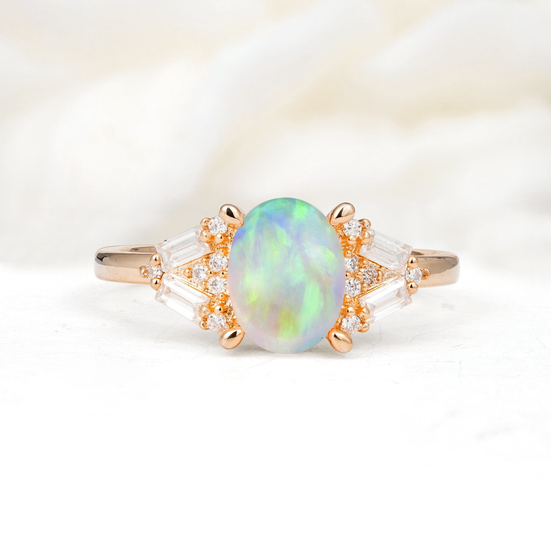 Classic Oval Cut Baguette Side Cluster Fire Opal Engagement Ring - Additional view