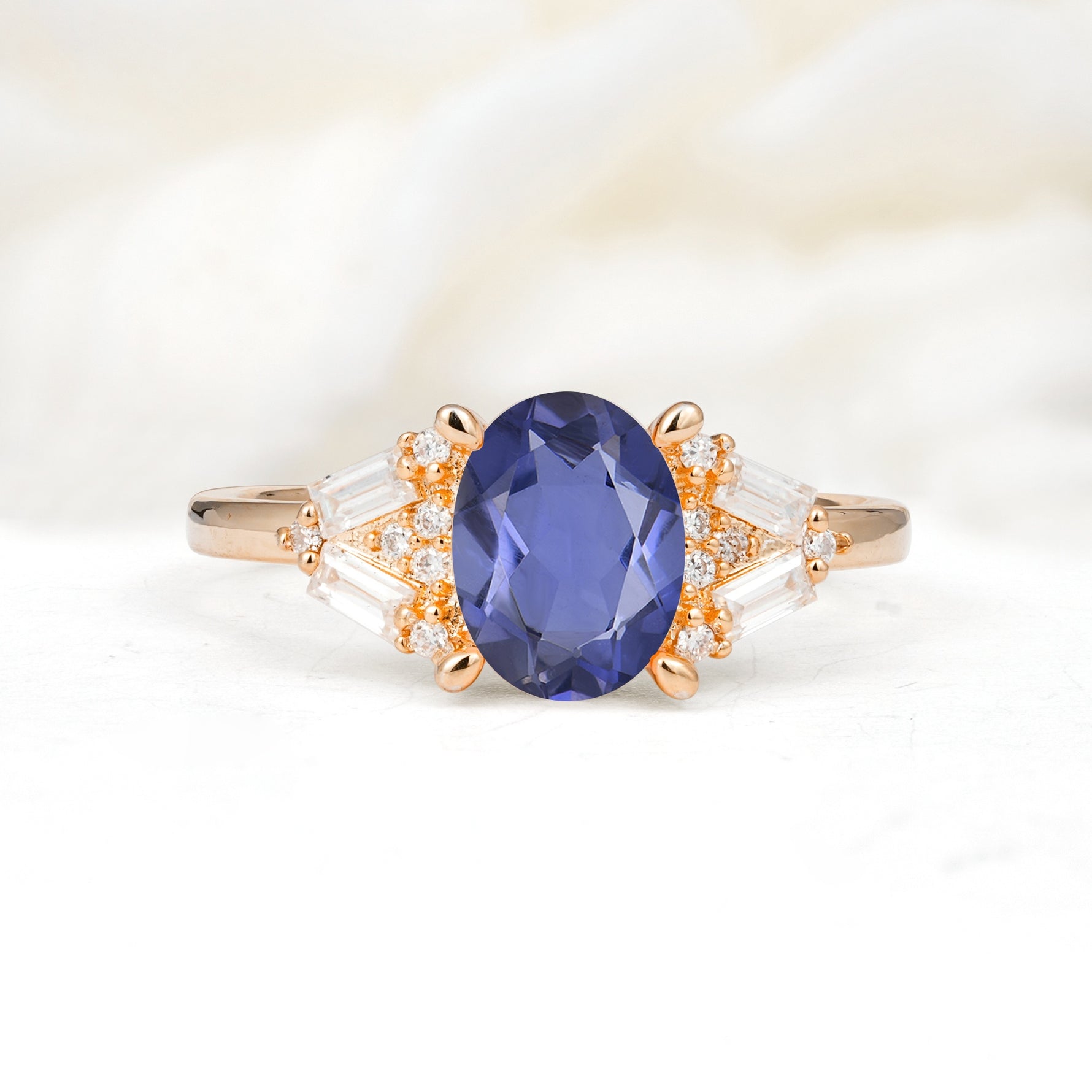 Classic Oval Cut Baguette Side Cluster Tanzanite Engagement Ring - Additional view