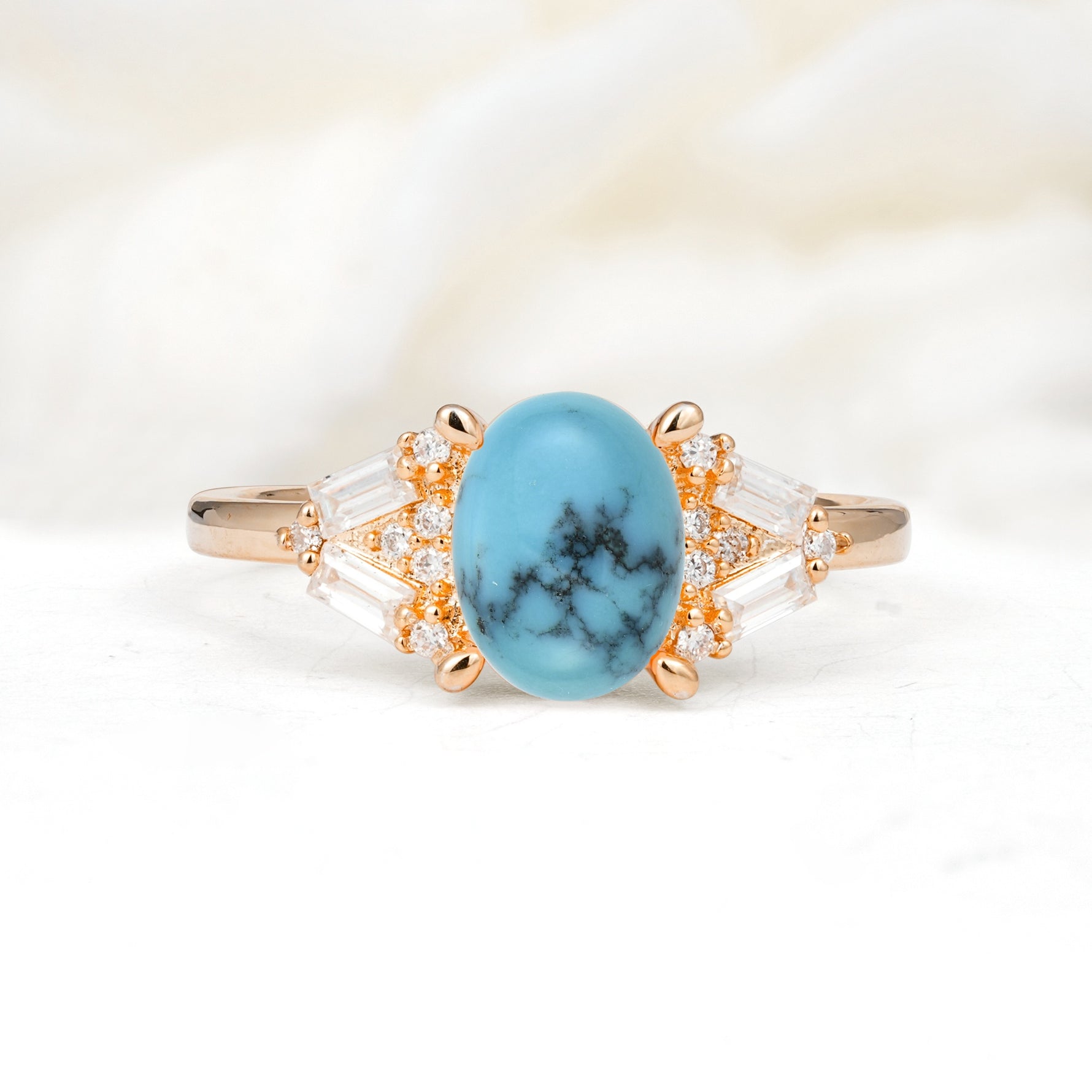 Classic Oval Cut Baguette Side Cluster Turquoise Engagement Ring - Additional view