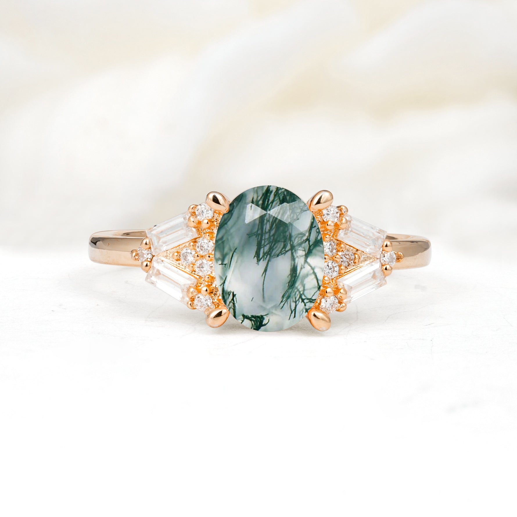 Classic Oval Cut Baguette Side Cluster Moss Agate Engagement Ring - Additional view