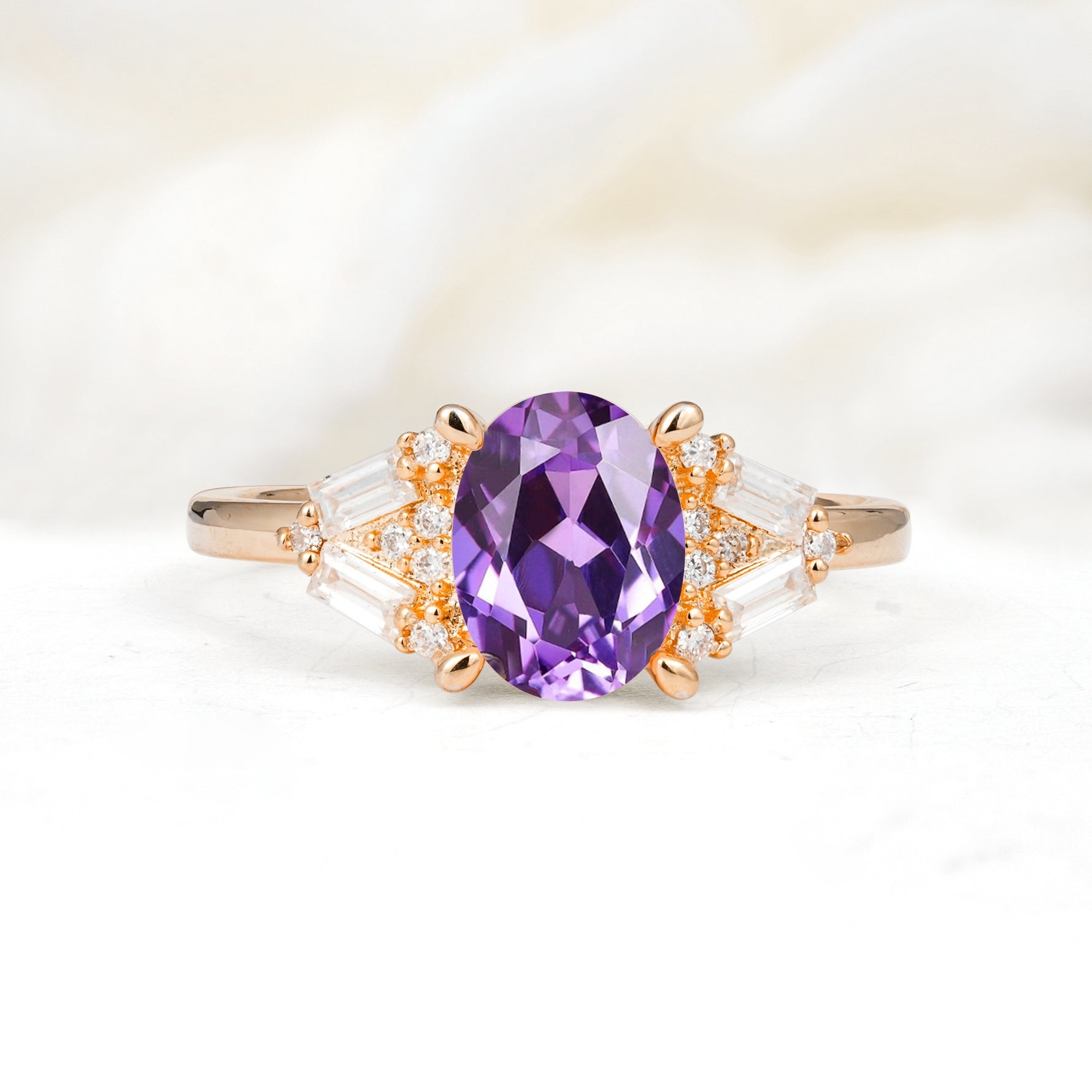 Classic Oval Cut Baguette Side Cluster Amethyst Engagement Ring - Additional view