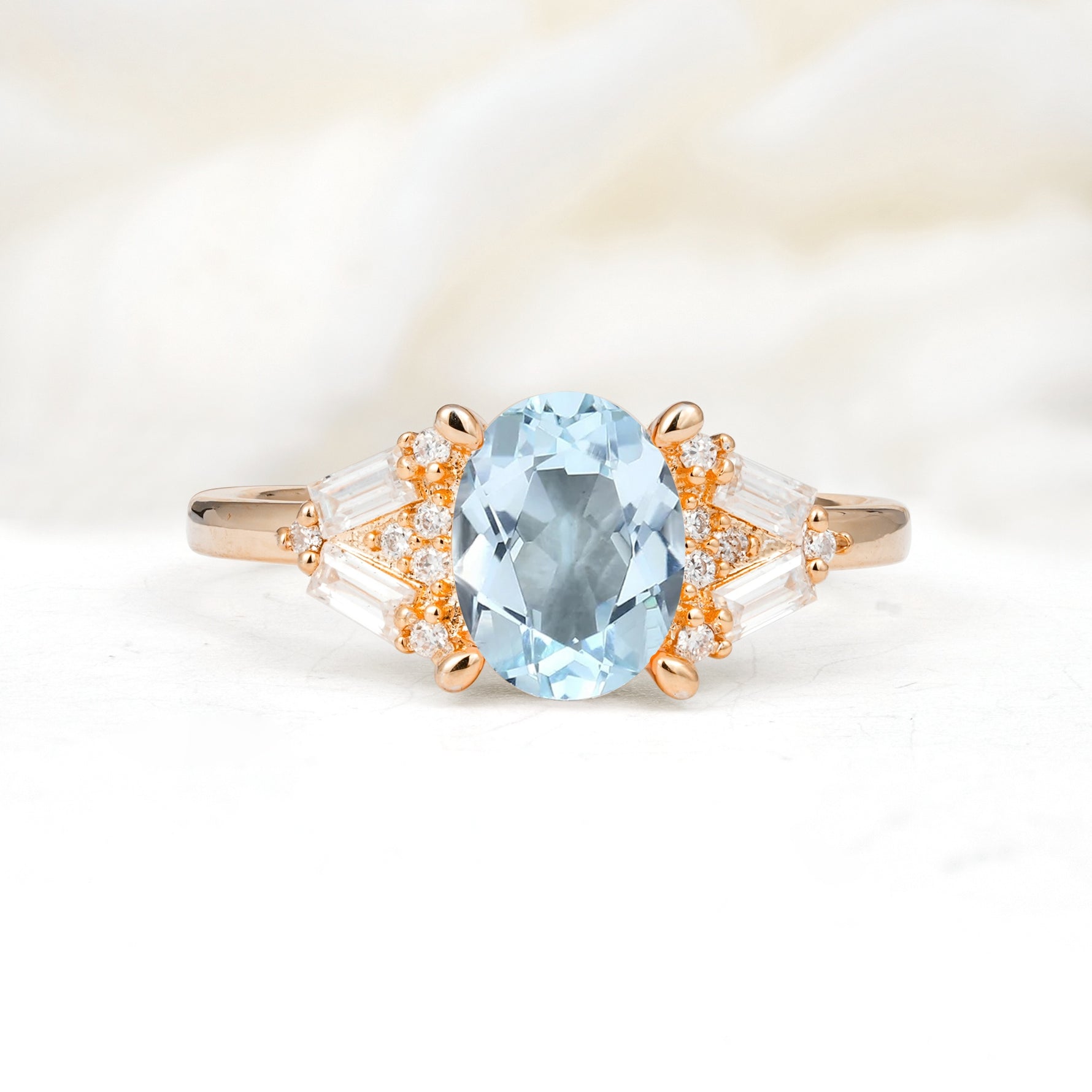Classic Oval Cut Baguette Side Cluster Aquamarine Engagement Ring - Additional view