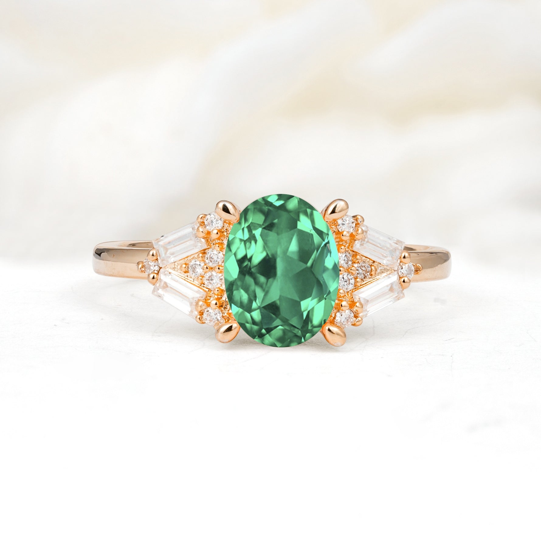 Classic Oval Cut Baguette Side Cluster Emerald Engagement Ring - Additional view