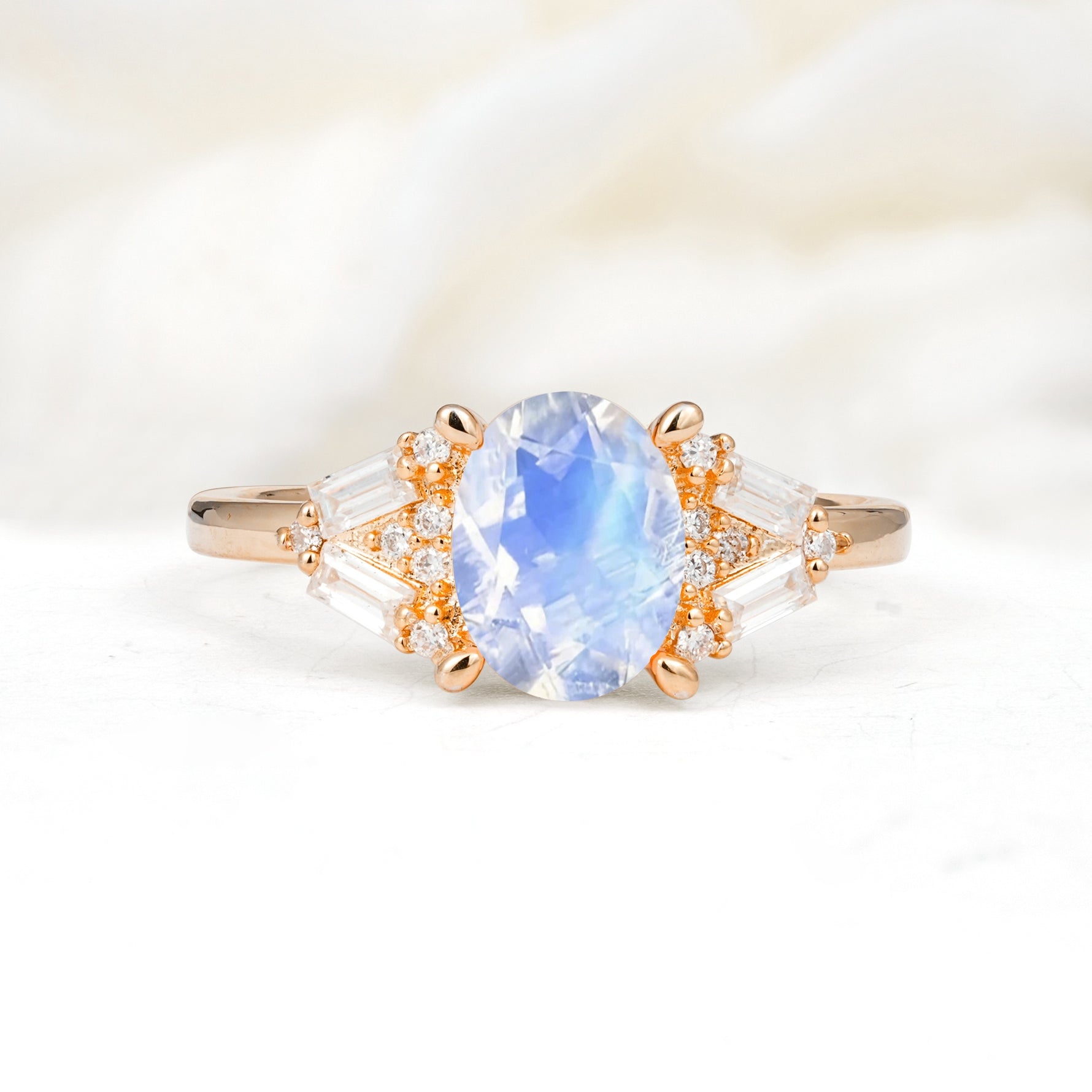 Classic Oval Cut Baguette Side Cluster Moonstone Engagement Ring - Additional view