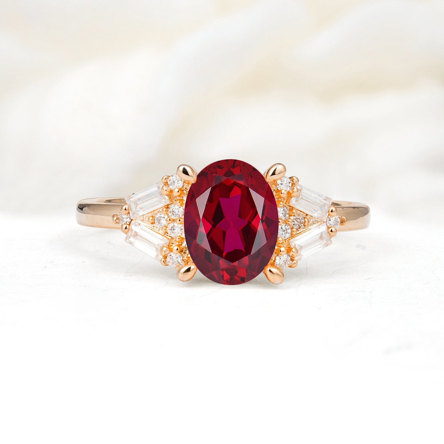 Classic Oval Cut Baguette Side Cluster Ruby Engagement Ring - Additional view
