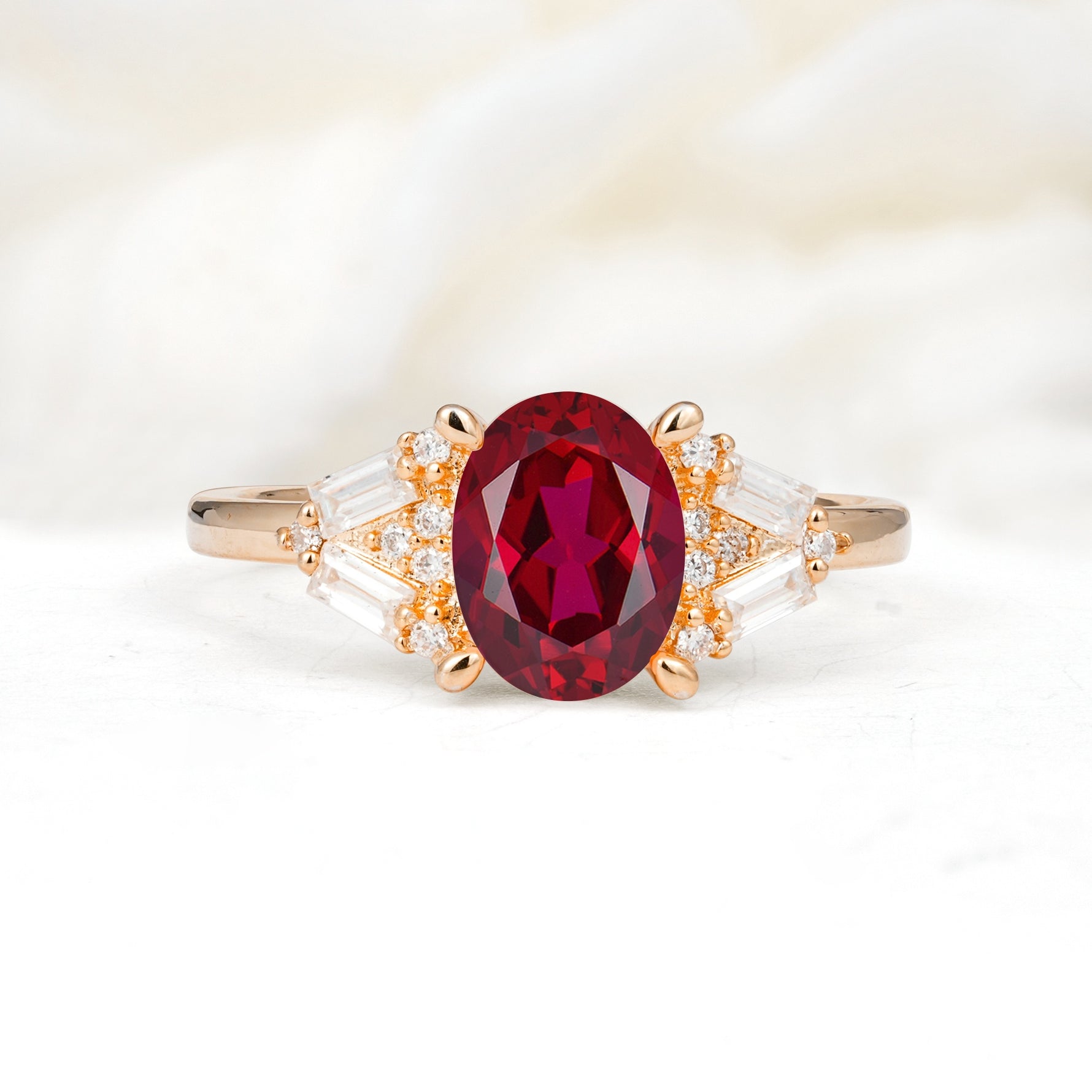 Classic Oval Cut Baguette Side Cluster Ruby Engagement Ring - Additional view