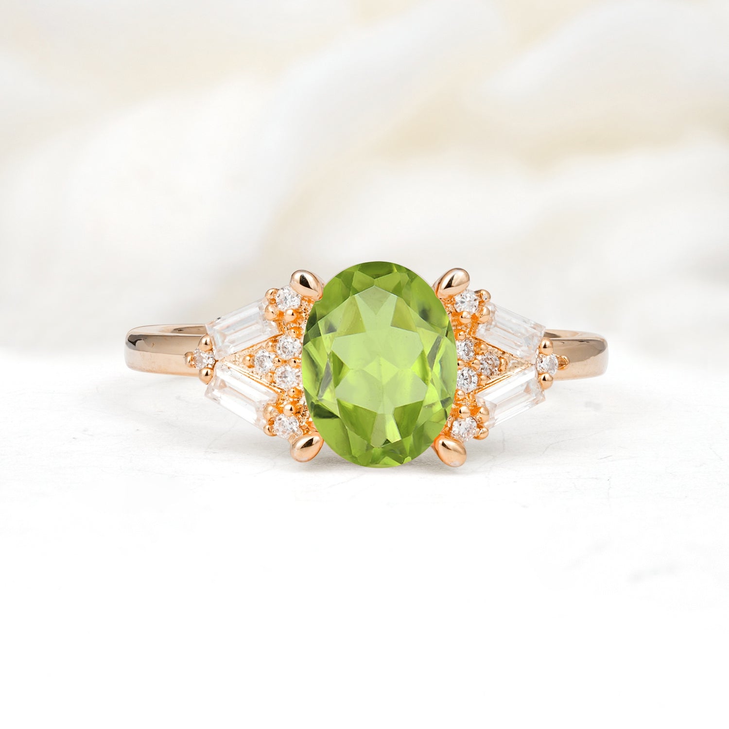 Classic Oval Cut Baguette Side Cluster Peridot Engagement Ring - Additional view
