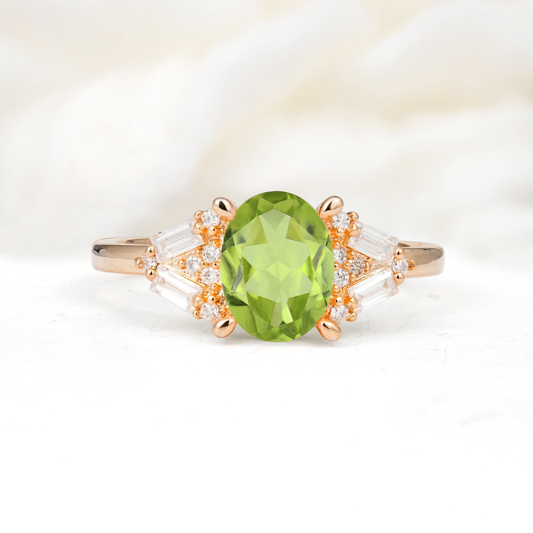 Classic Oval Cut Baguette Side Cluster Peridot Engagement Ring - Additional view