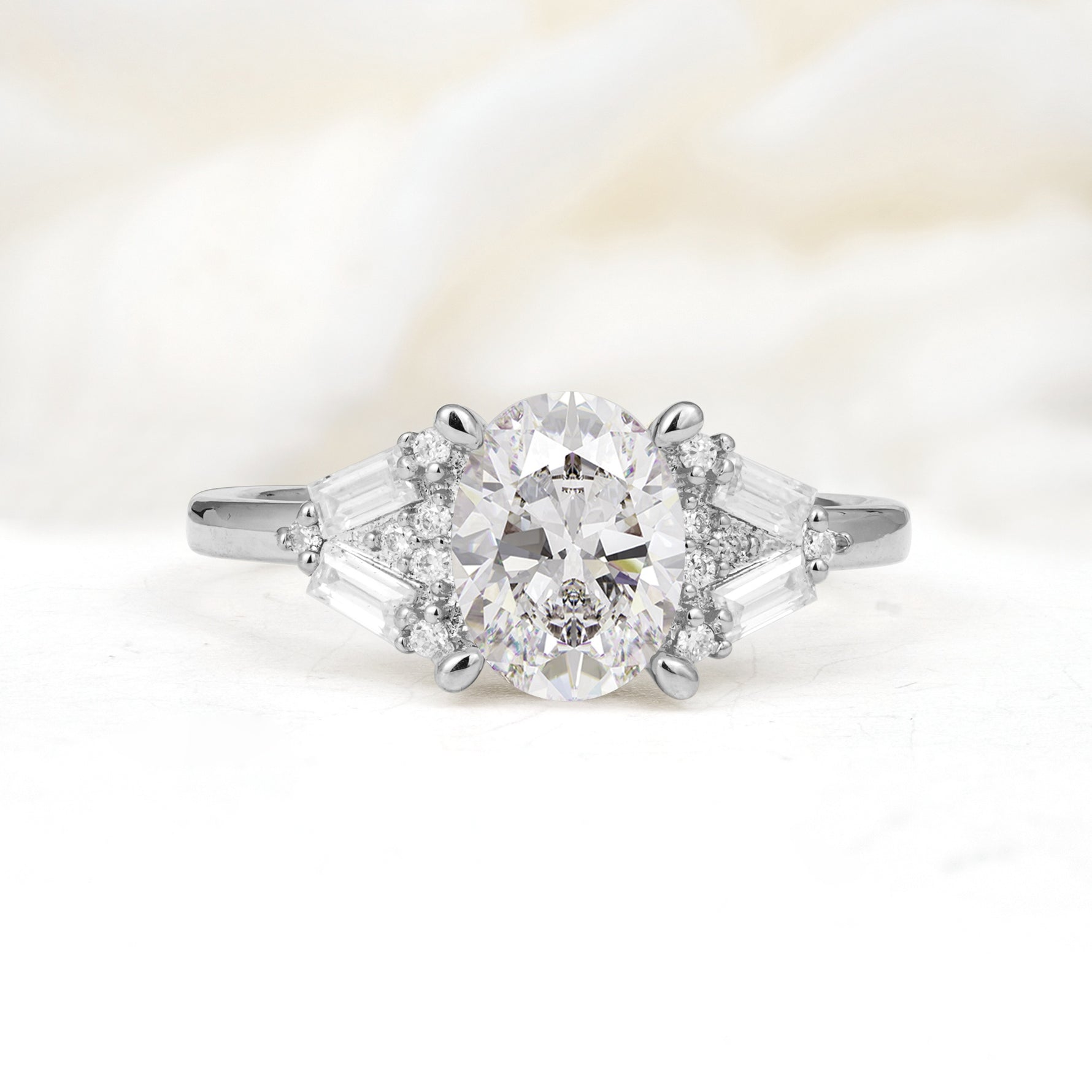 Classic Oval Cut Baguette Side Cluster Moissanite Engagement Ring - Additional view