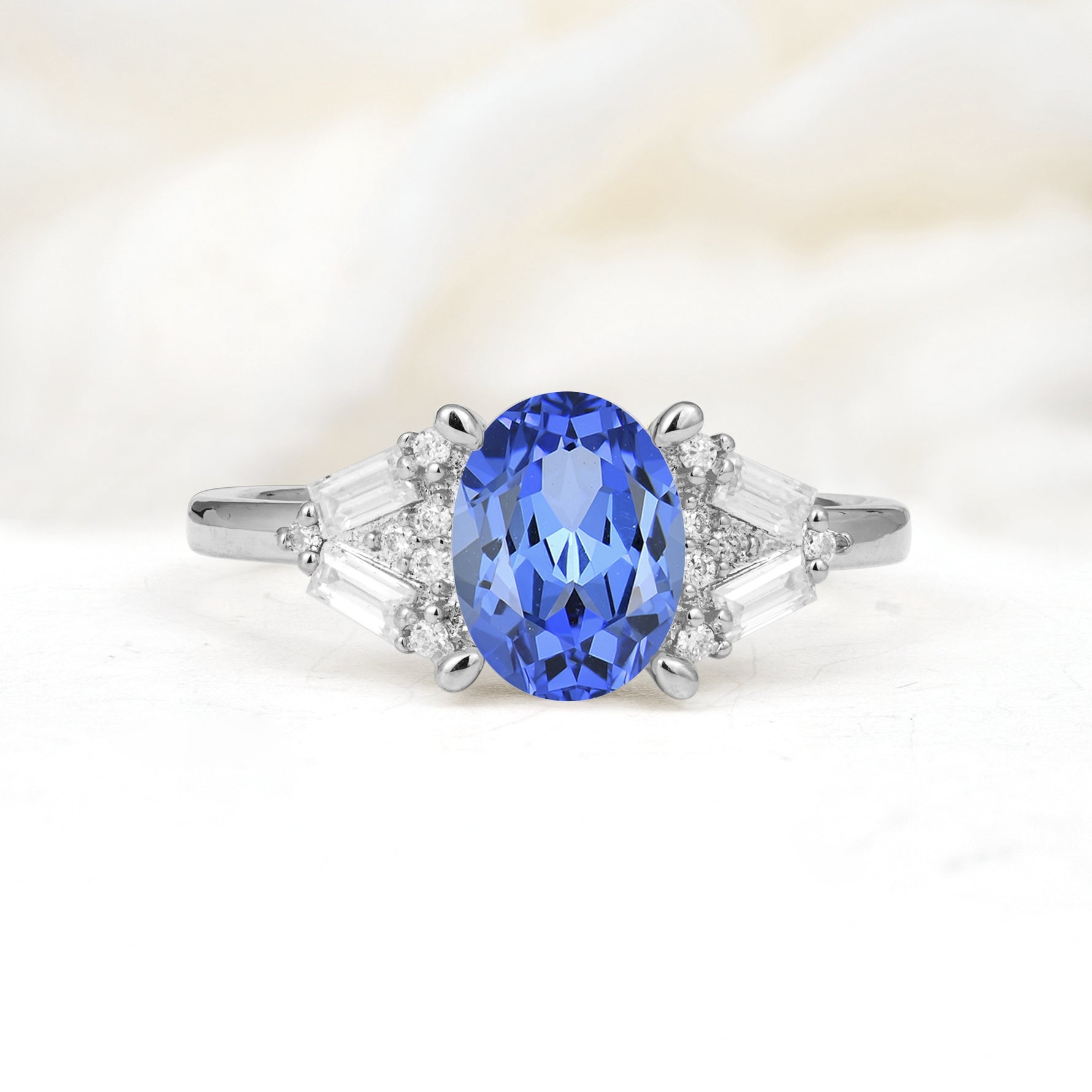 Classic Oval Cut Baguette Side Cluster Sapphire Engagement Ring - Additional view
