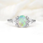 Classic Oval Cut Baguette Side Cluster Fire Opal Engagement Ring - Additional view