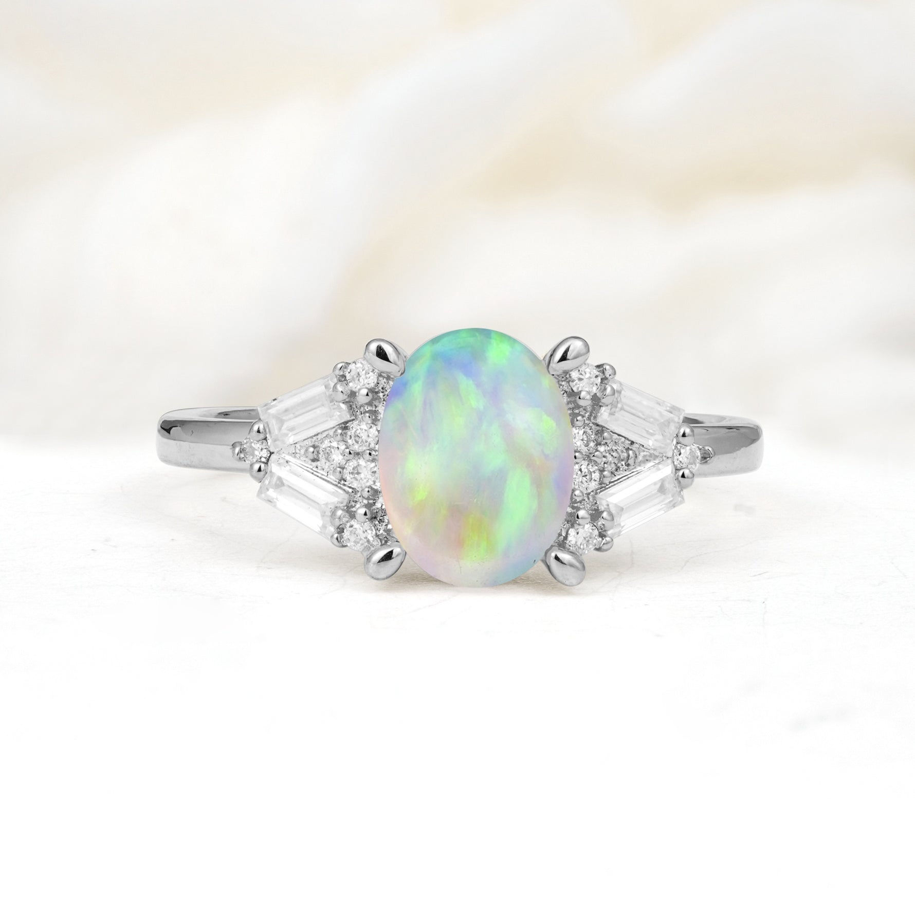 Classic Oval Cut Baguette Side Cluster Fire Opal Engagement Ring - Additional view