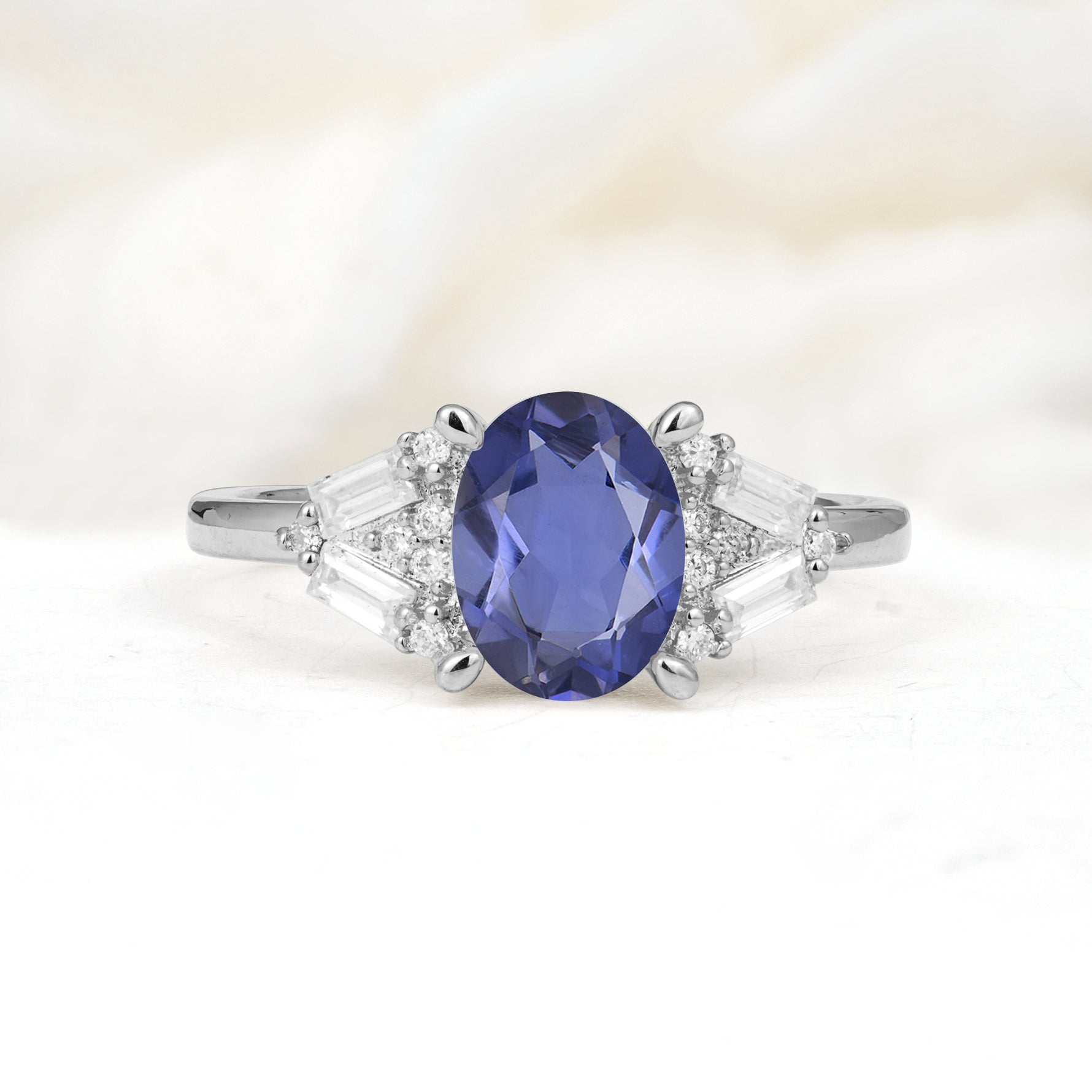 Classic Oval Cut Baguette Side Cluster Tanzanite Engagement Ring - Additional view