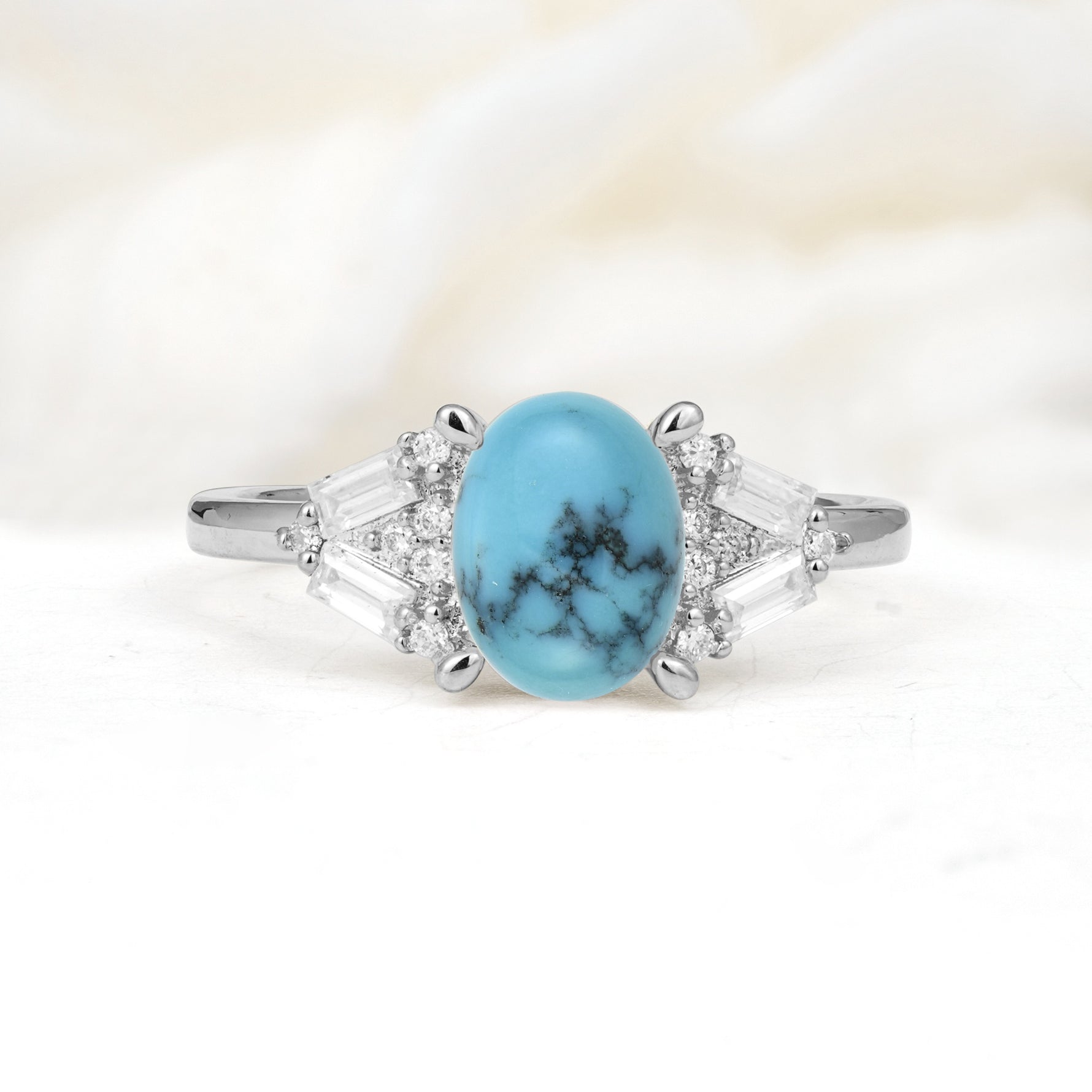 Classic Oval Cut Baguette Side Cluster Turquoise Engagement Ring - Additional view