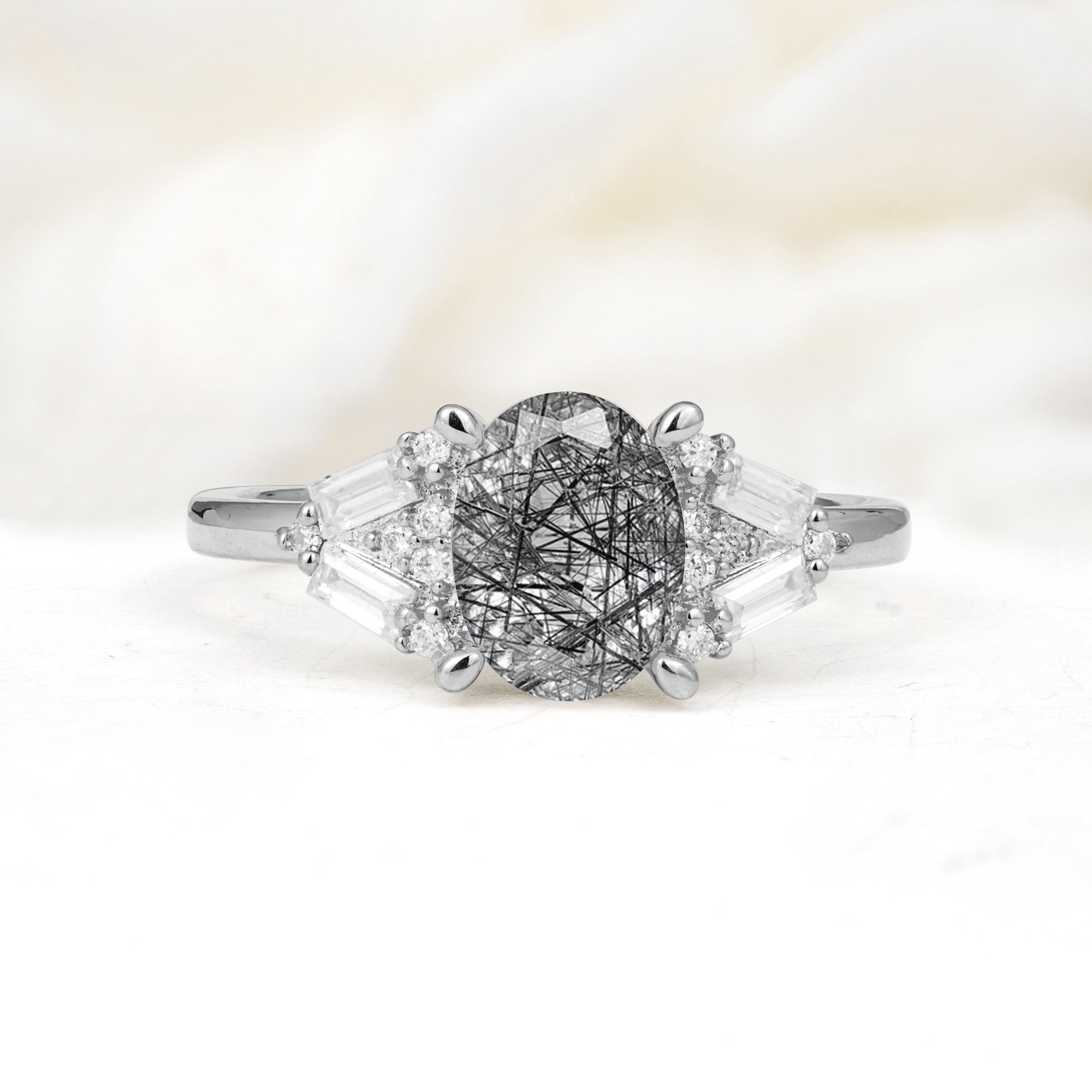 Classic Oval Cut Baguette Side Cluster Black Rutilated Quartz Engagement Ring - Additional view
