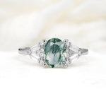 Classic Oval Cut Baguette Side Cluster Moss Agate Engagement Ring - Additional view