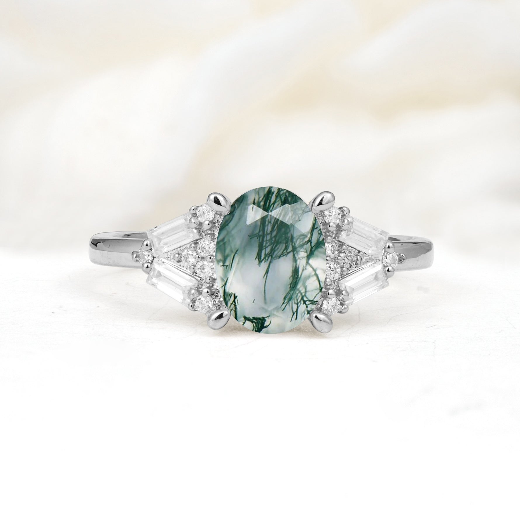 Classic Oval Cut Baguette Side Cluster Moss Agate Engagement Ring - Additional view