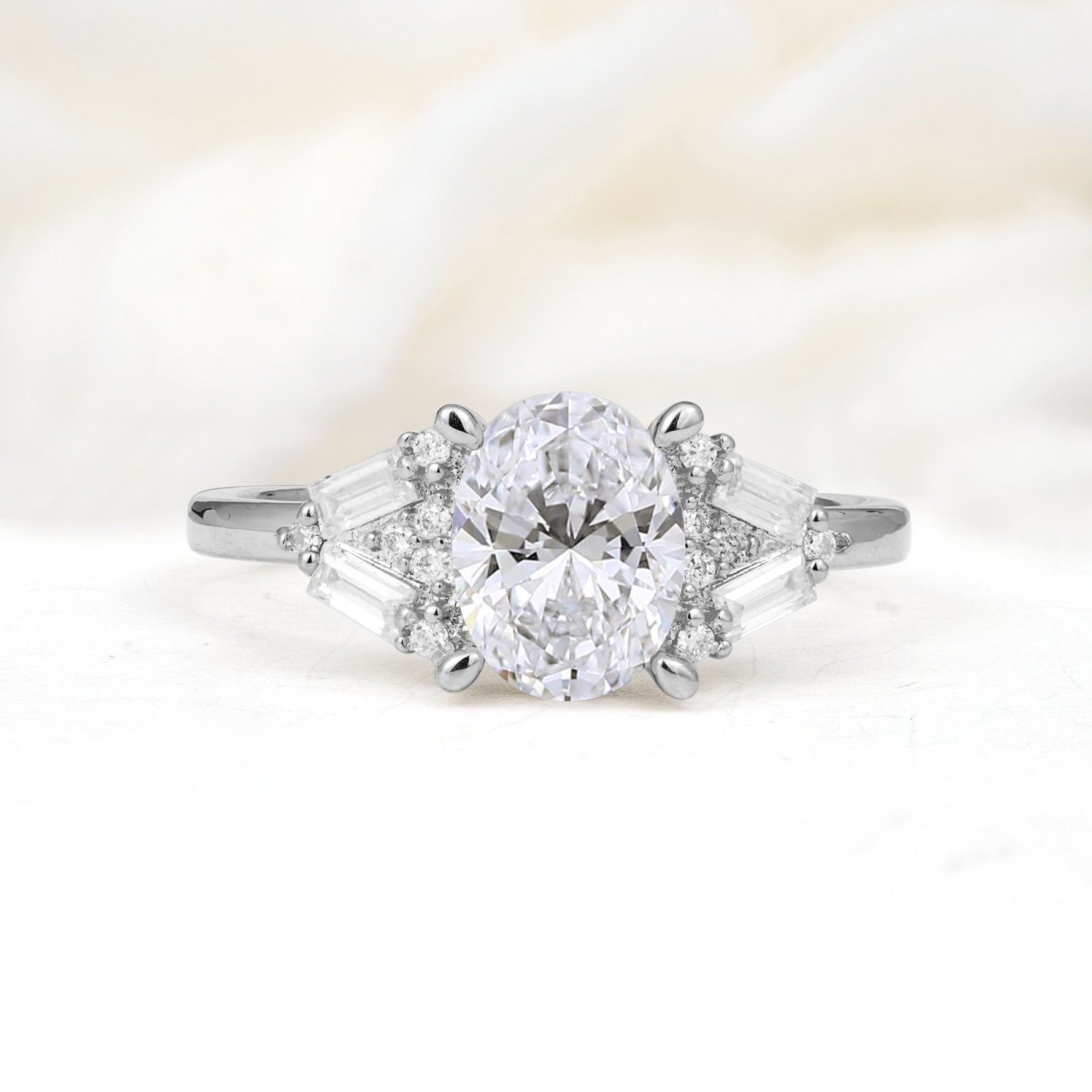 Classic Oval Cut Baguette Side Cluster Lab Diamond Engagement Ring - Additional view