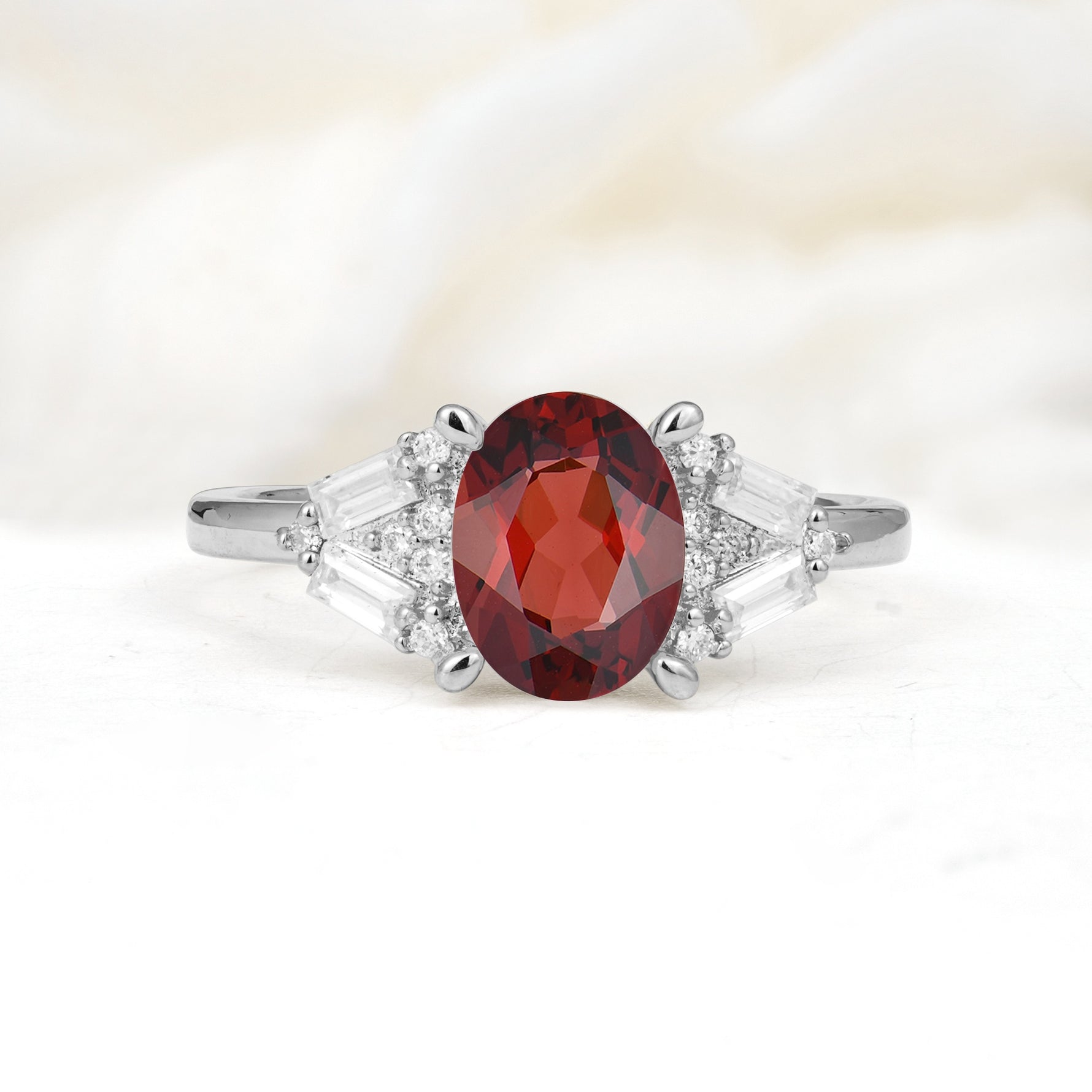 Classic Oval Cut Baguette Side Cluster Garnet Engagement Ring - Additional view