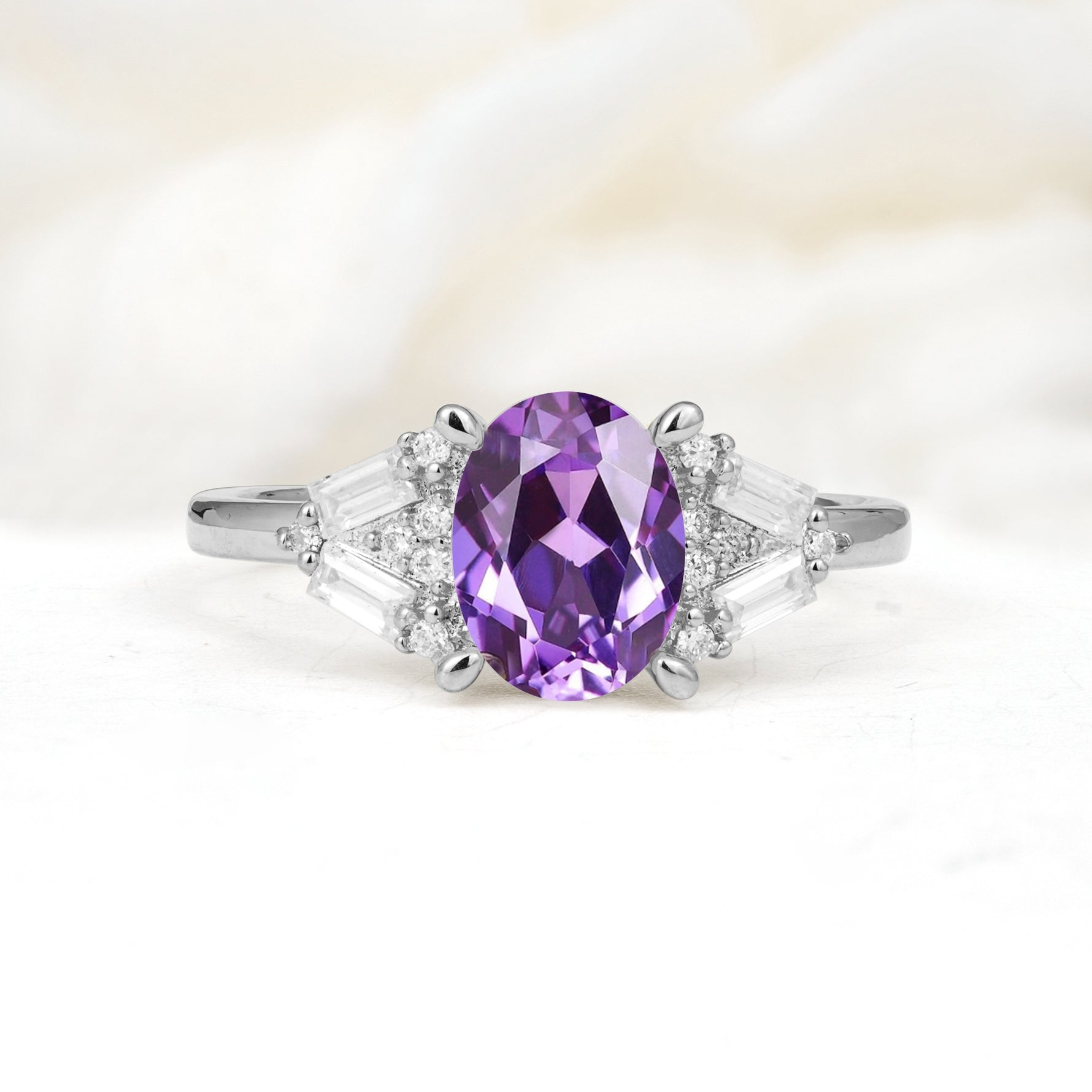 Classic Oval Cut Baguette Side Cluster Amethyst Engagement Ring - Additional view
