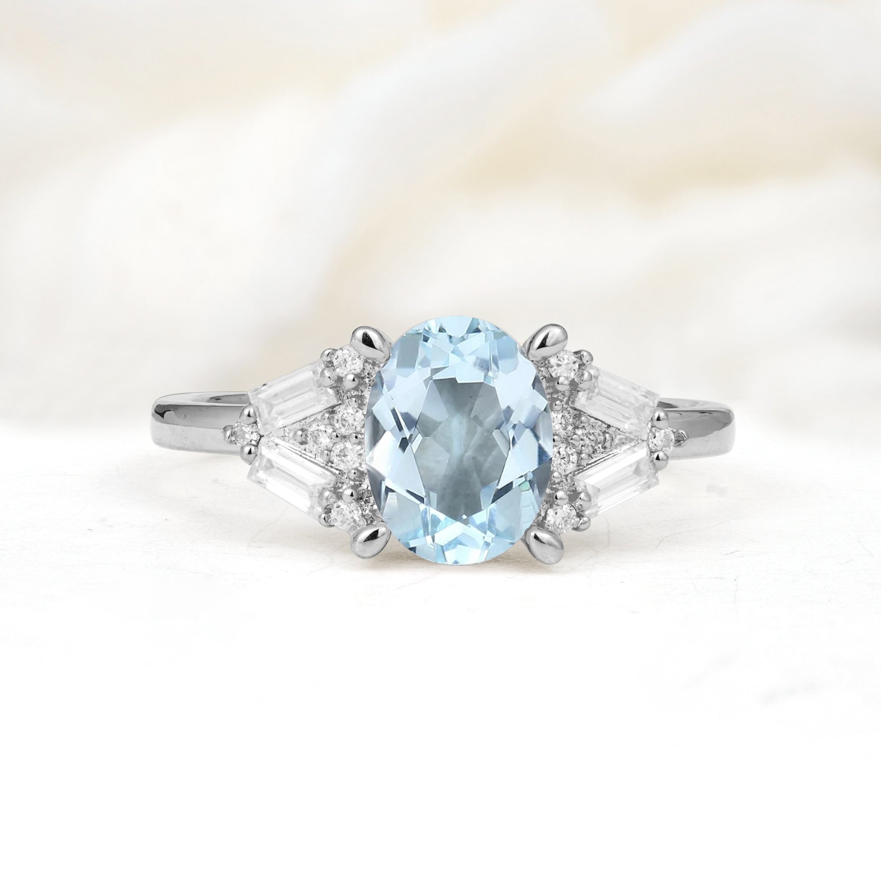 Classic Oval Cut Baguette Side Cluster Aquamarine Engagement Ring - Additional view