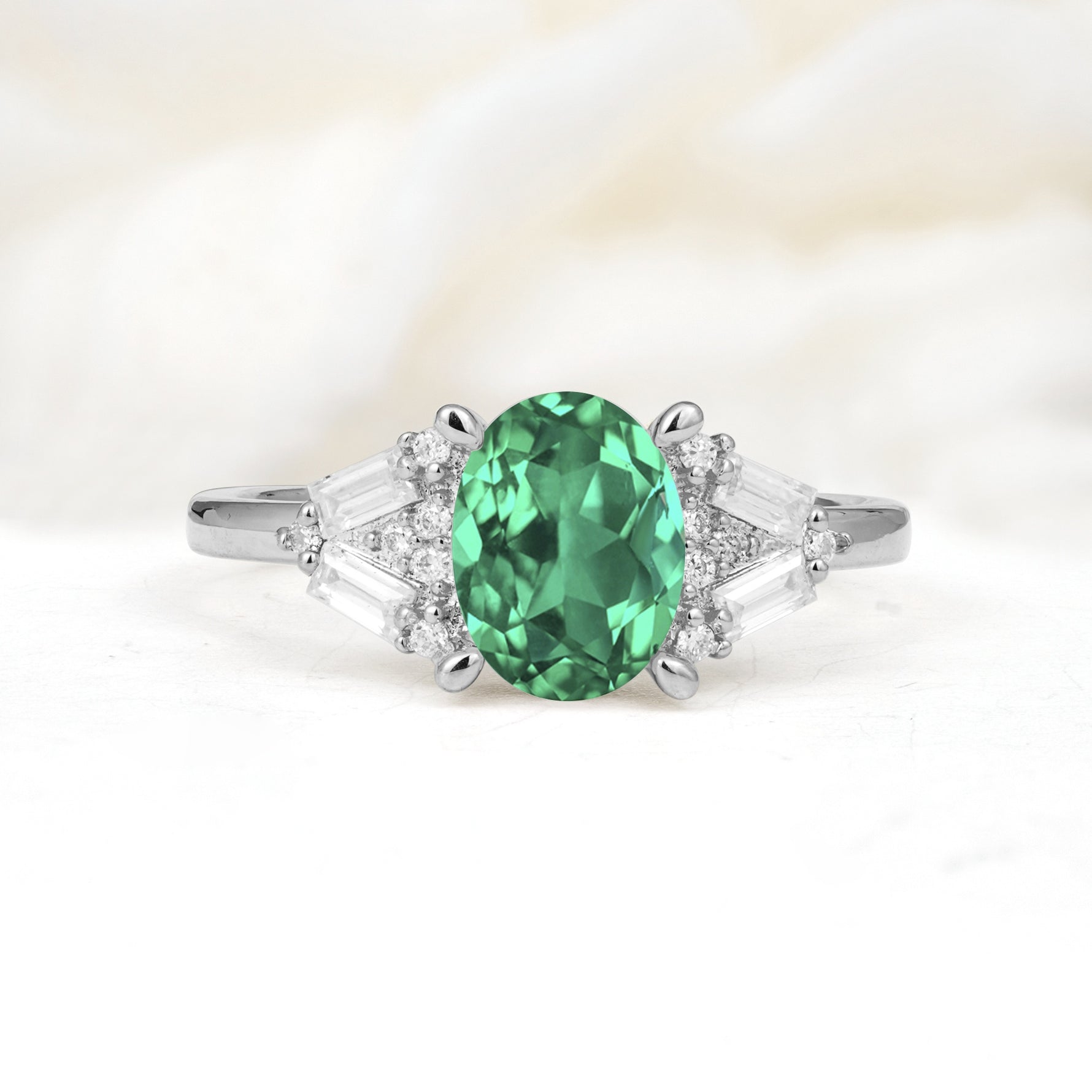 Classic Oval Cut Baguette Side Cluster Emerald Engagement Ring - Additional view
