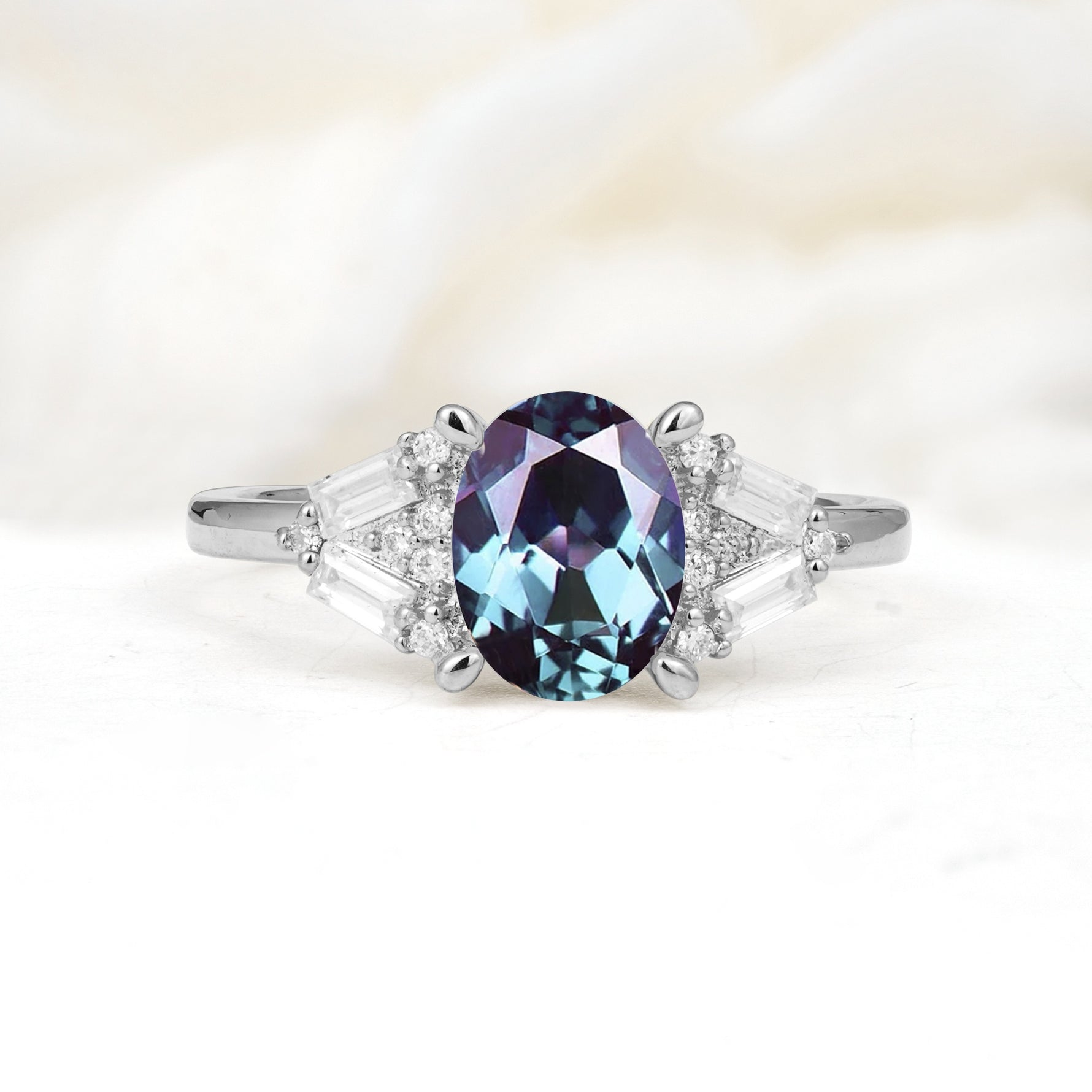 Classic Oval Cut Baguette Side Cluster Alexandrite Engagement Ring - Additional view