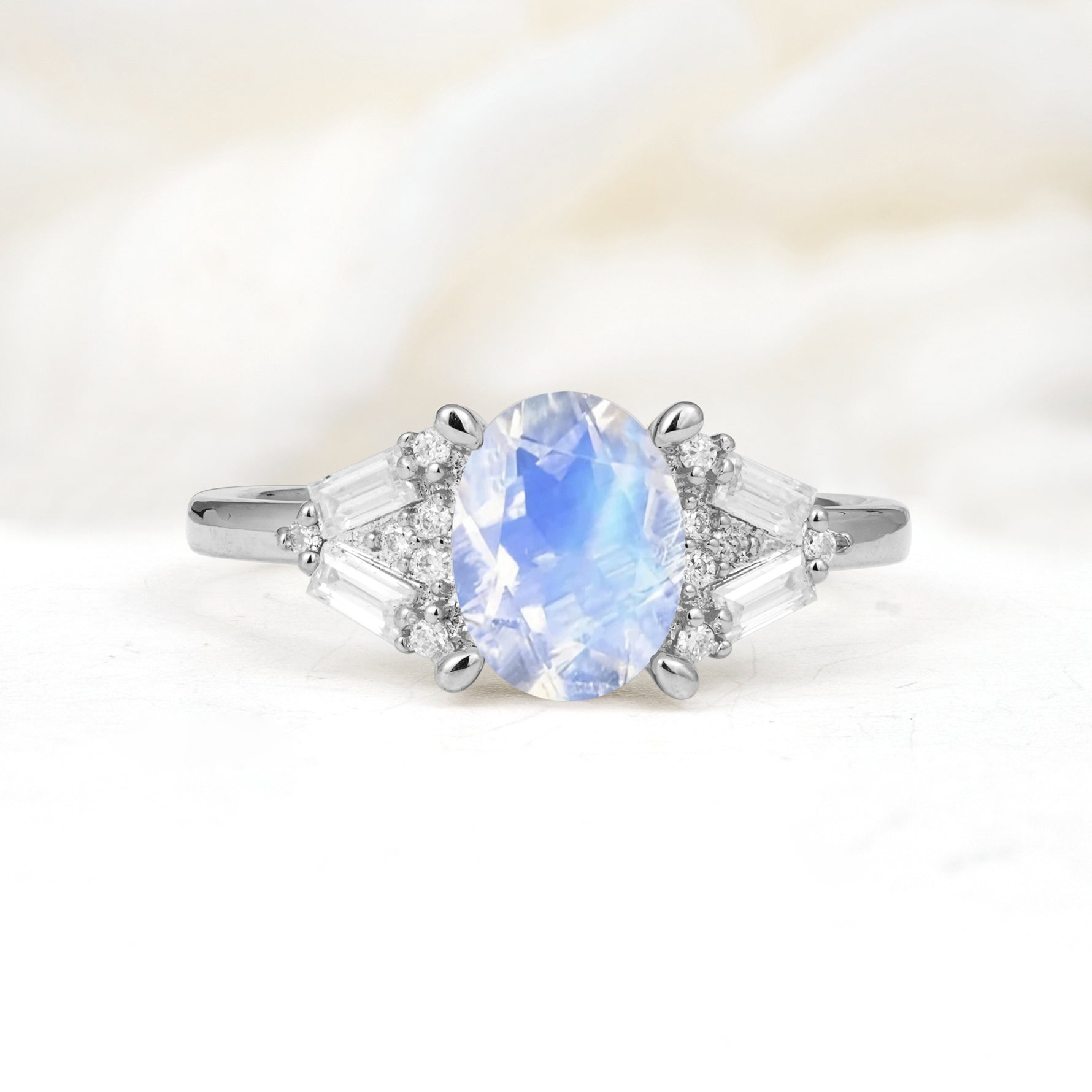 Classic Oval Cut Baguette Side Cluster Moonstone Engagement Ring - Additional view