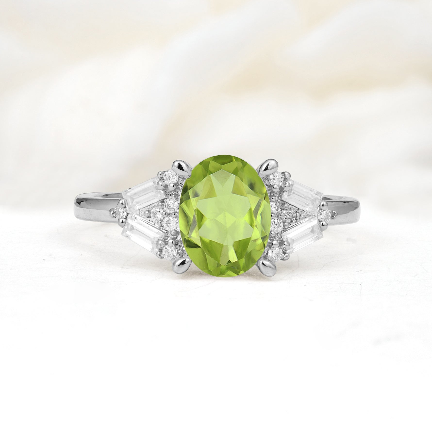 Classic Oval Cut Baguette Side Cluster Peridot Engagement Ring - Additional view