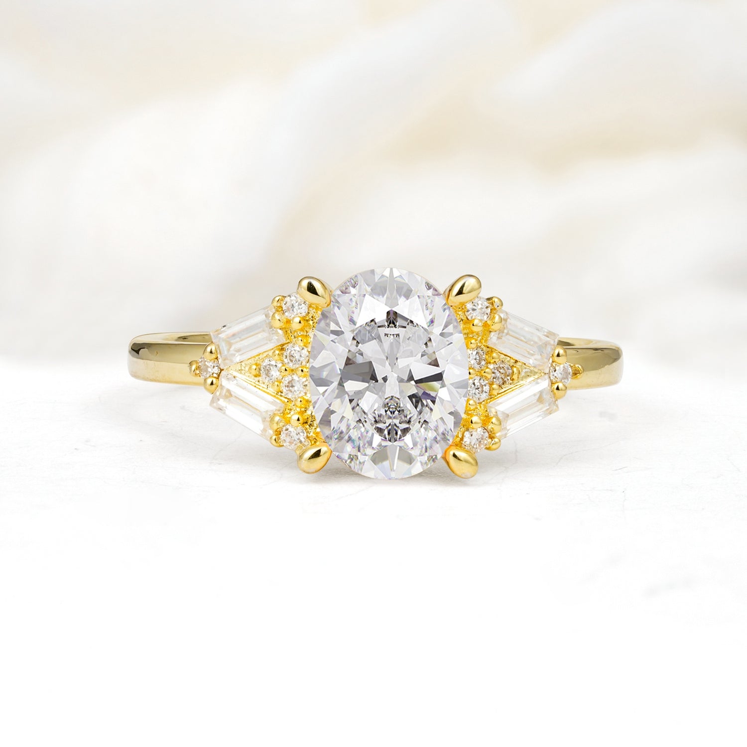 Classic Oval Cut Baguette Side Cluster Moissanite Engagement Ring - Additional view