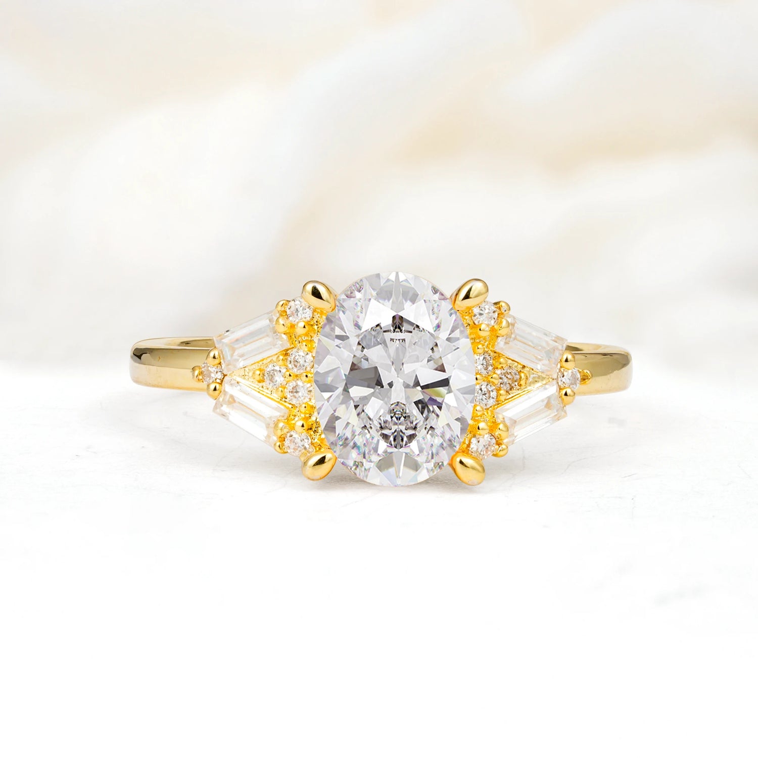 Classic Oval Cut Baguette Side Cluster Moissanite Engagement Ring