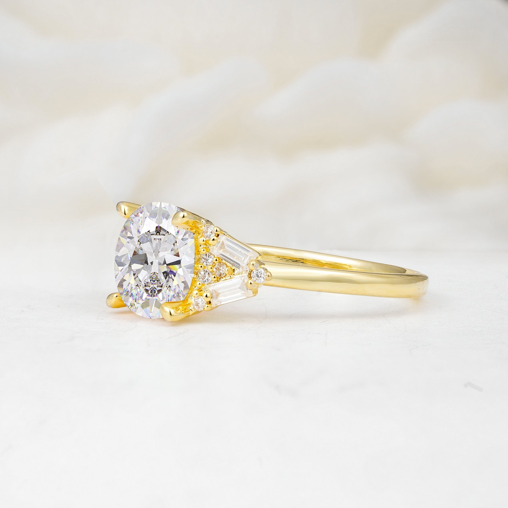 Classic Oval Cut Baguette Side Cluster Moissanite Engagement Ring - Additional view