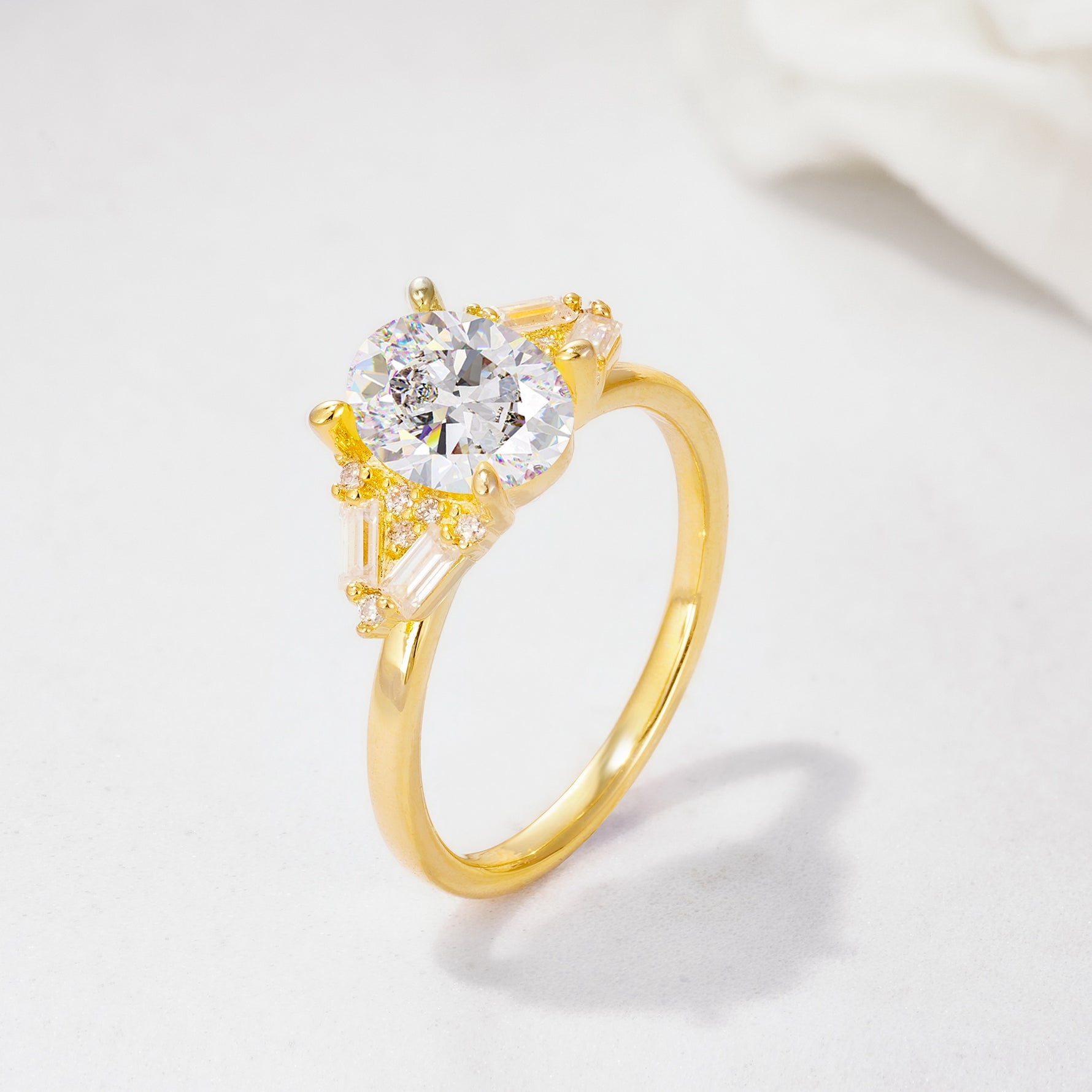 Classic Oval Cut Baguette Side Cluster Moissanite Engagement Ring - Additional view