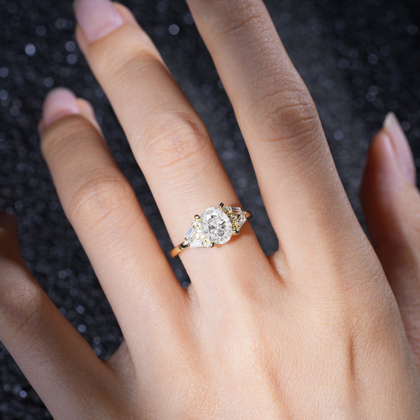 Classic Oval Cut Baguette Side Cluster Moissanite Engagement Ring - Additional view
