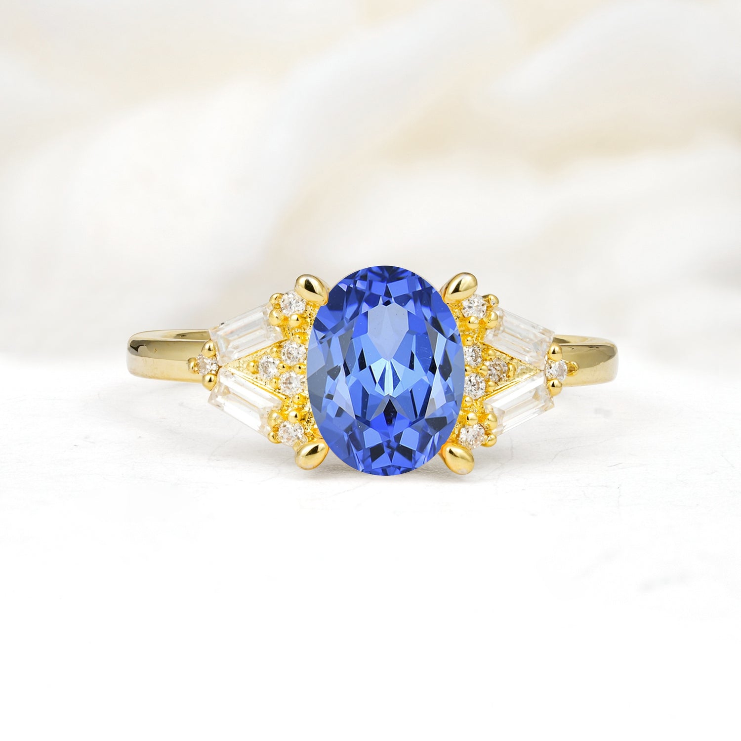 Classic Oval Cut Baguette Side Cluster Sapphire Engagement Ring - Additional view