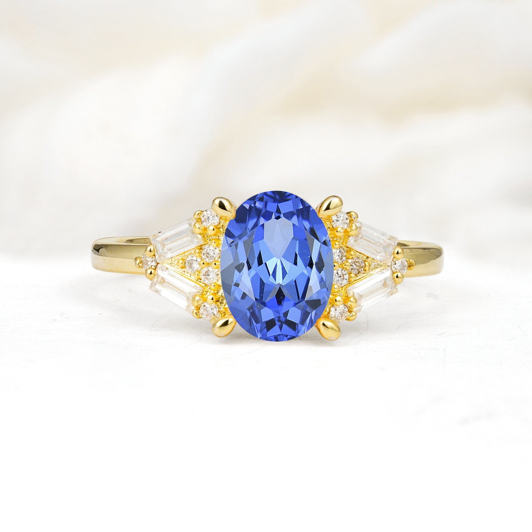 Classic Oval Cut Baguette Side Cluster Sapphire Engagement Ring - Additional view