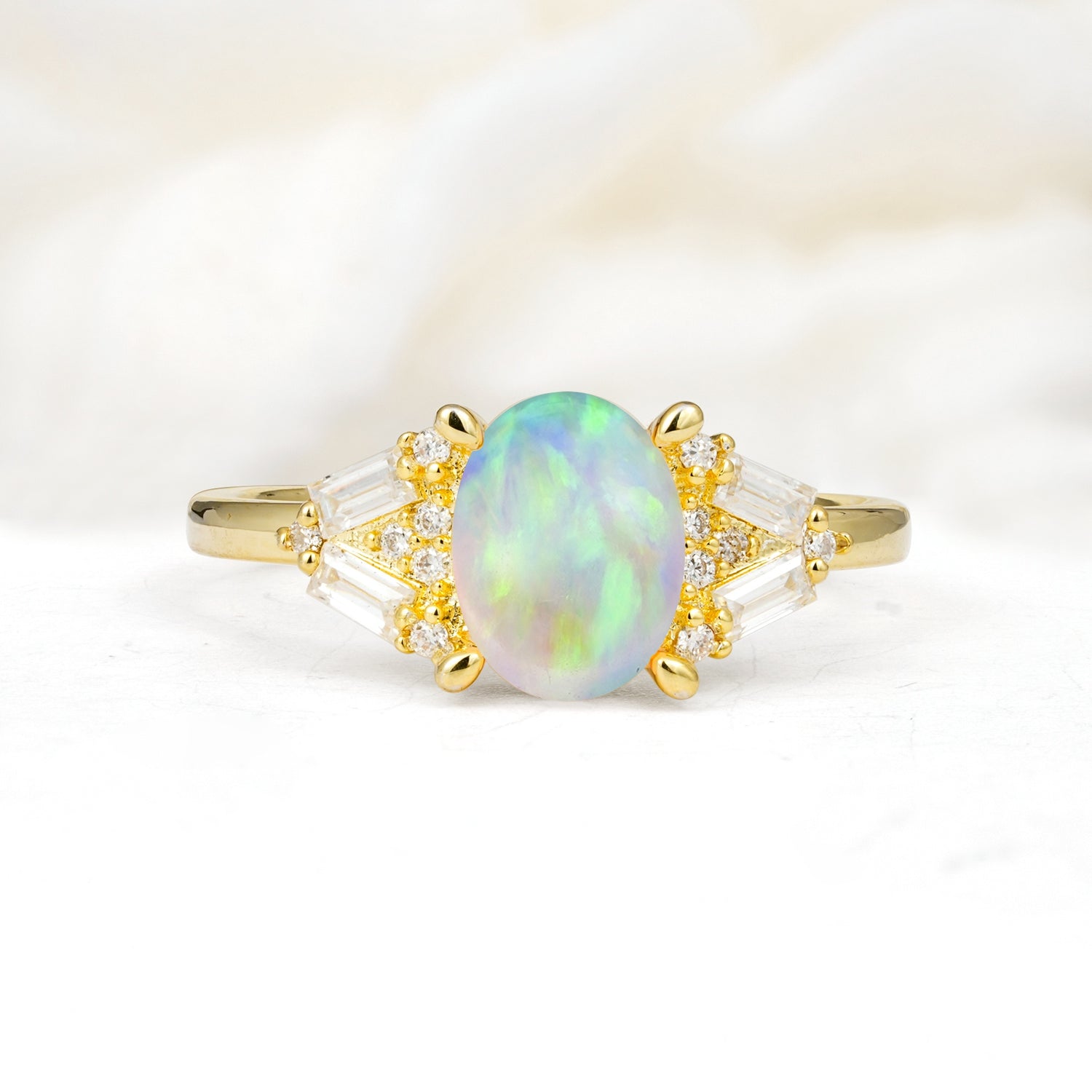 Classic Oval Cut Baguette Side Cluster Fire Opal Engagement Ring - Additional view