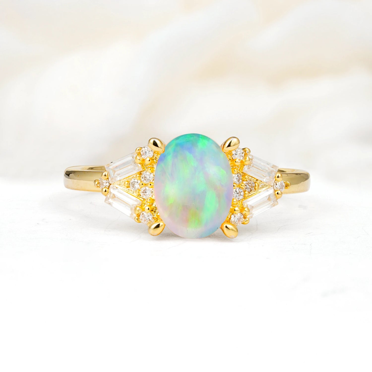 Classic Oval Cut Baguette Side Cluster Fire Opal Engagement Ring